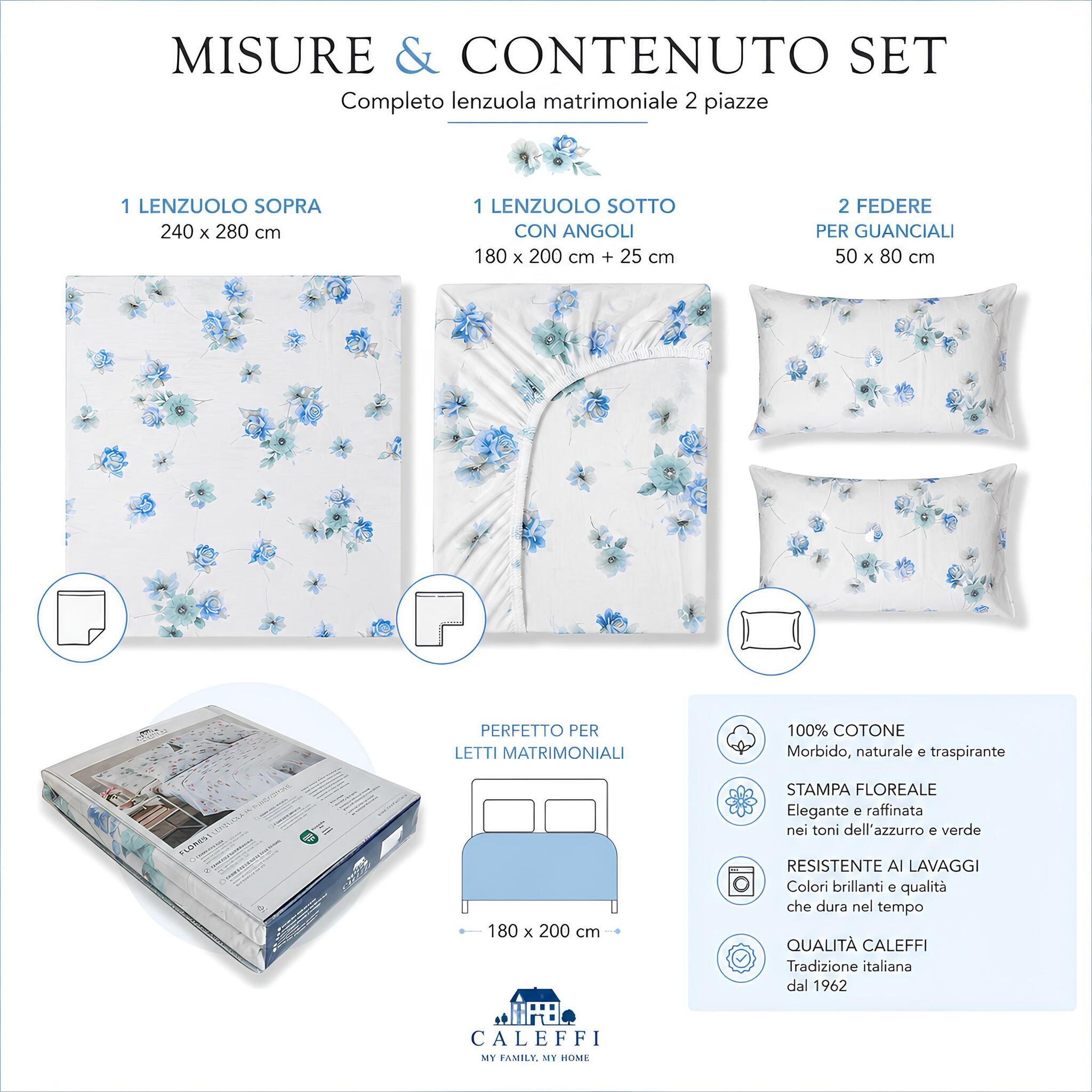Contenuto del set e dimensioni del completo lenzuola matrimoniale Caleffi Flores azzurro