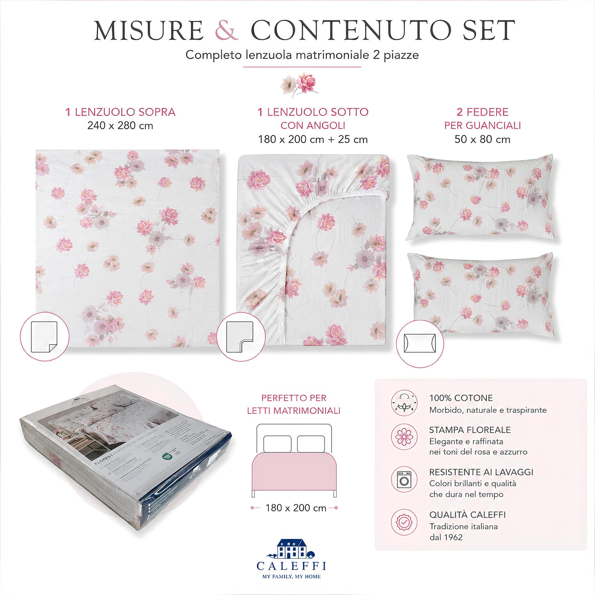 Misure e contenuto del completo lenzuola matrimoniale Caleffi Flores rosa in cotone