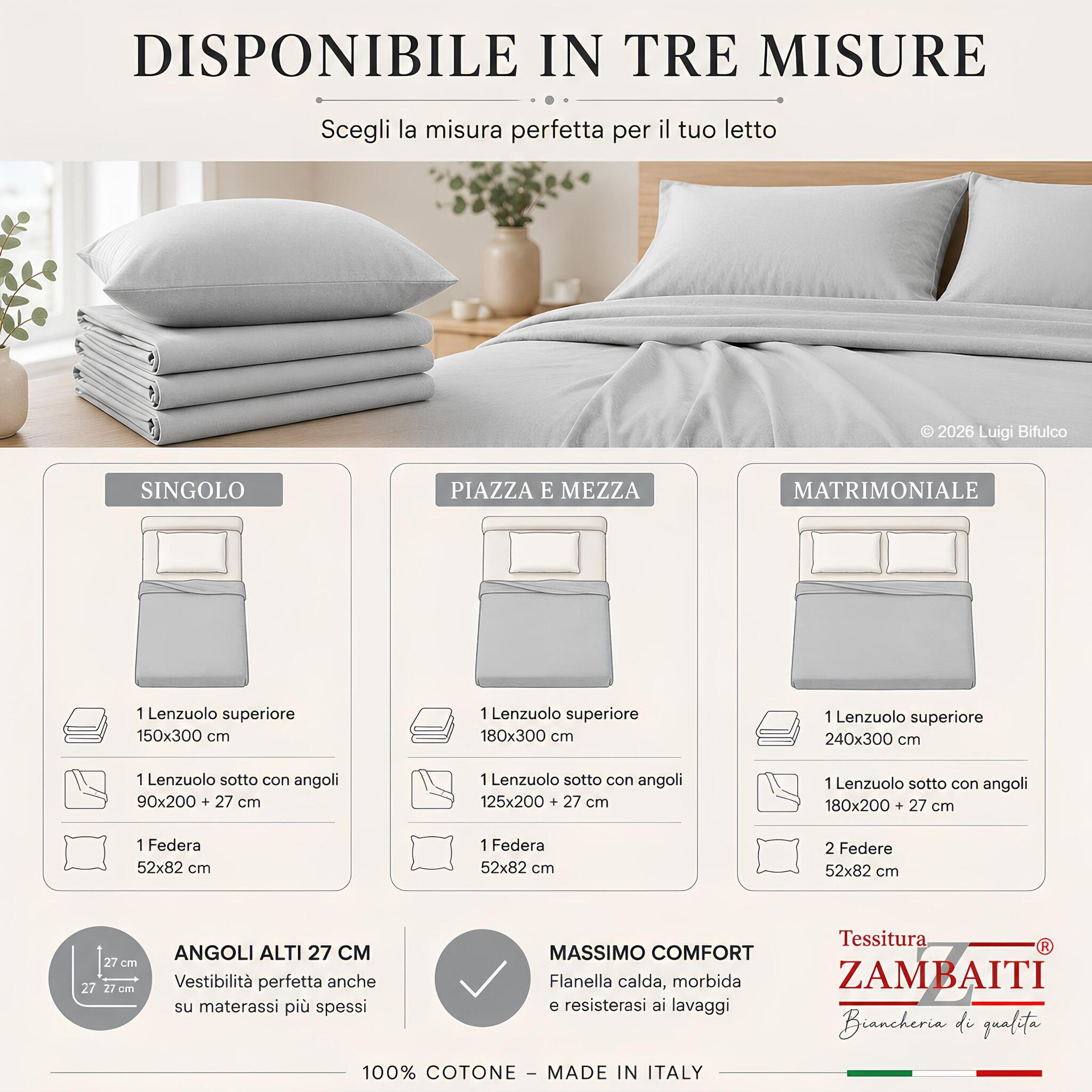 Misure disponibili del completo lenzuola in flanella Zambaiti Frida singolo piazza e mezza matrimoniale