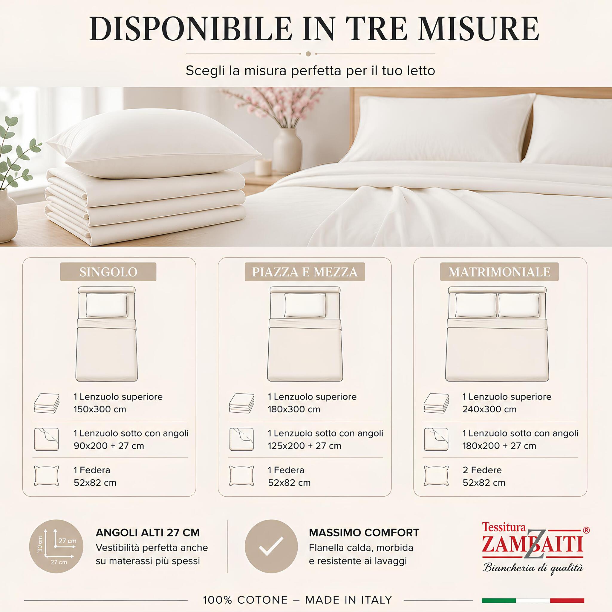 Misure disponibili del completo lenzuola in flanella Zambaiti Frida singolo piazza e mezza matrimoniale