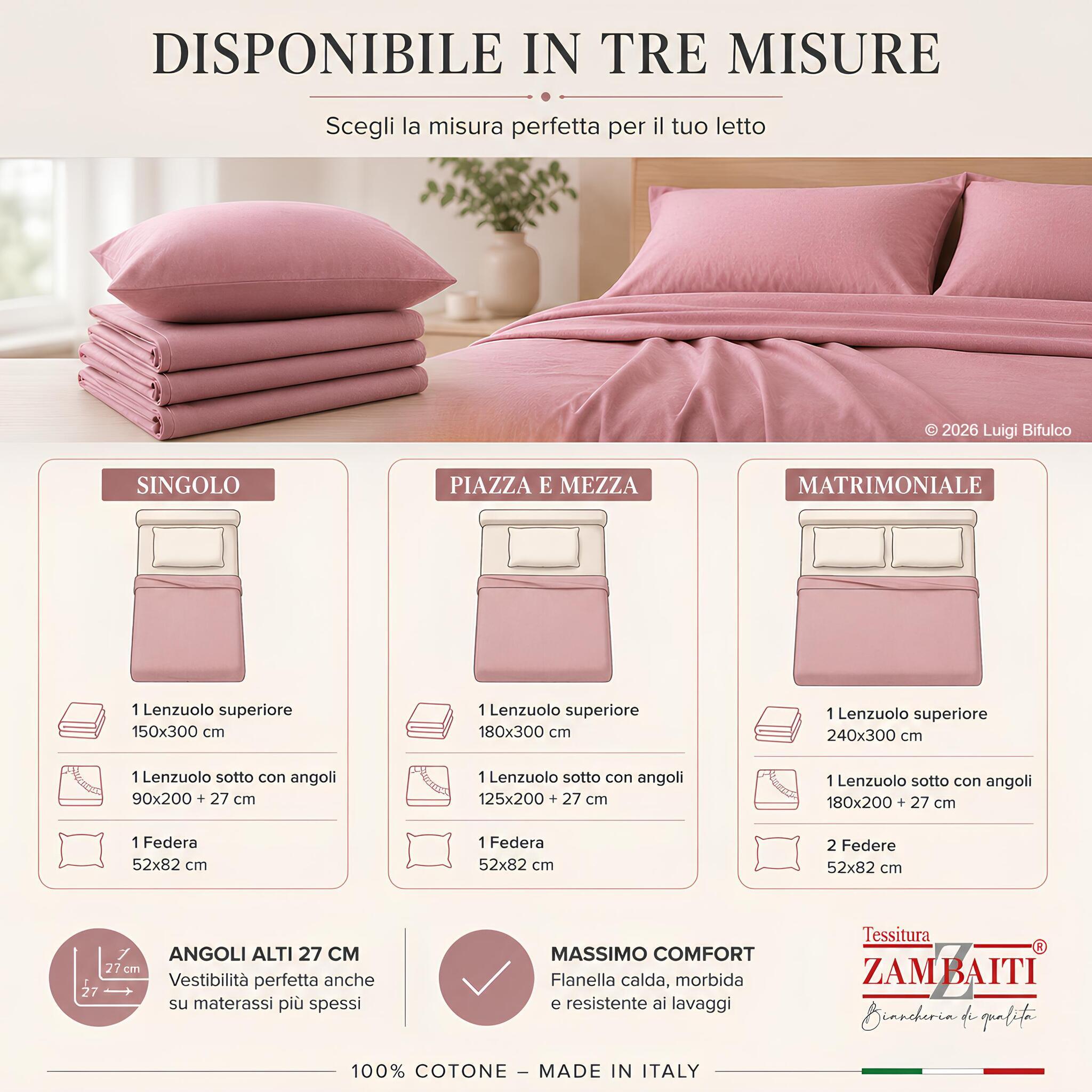 Misure disponibili del completo lenzuola in flanella Zambaiti Frida singolo piazza e mezza matrimoniale