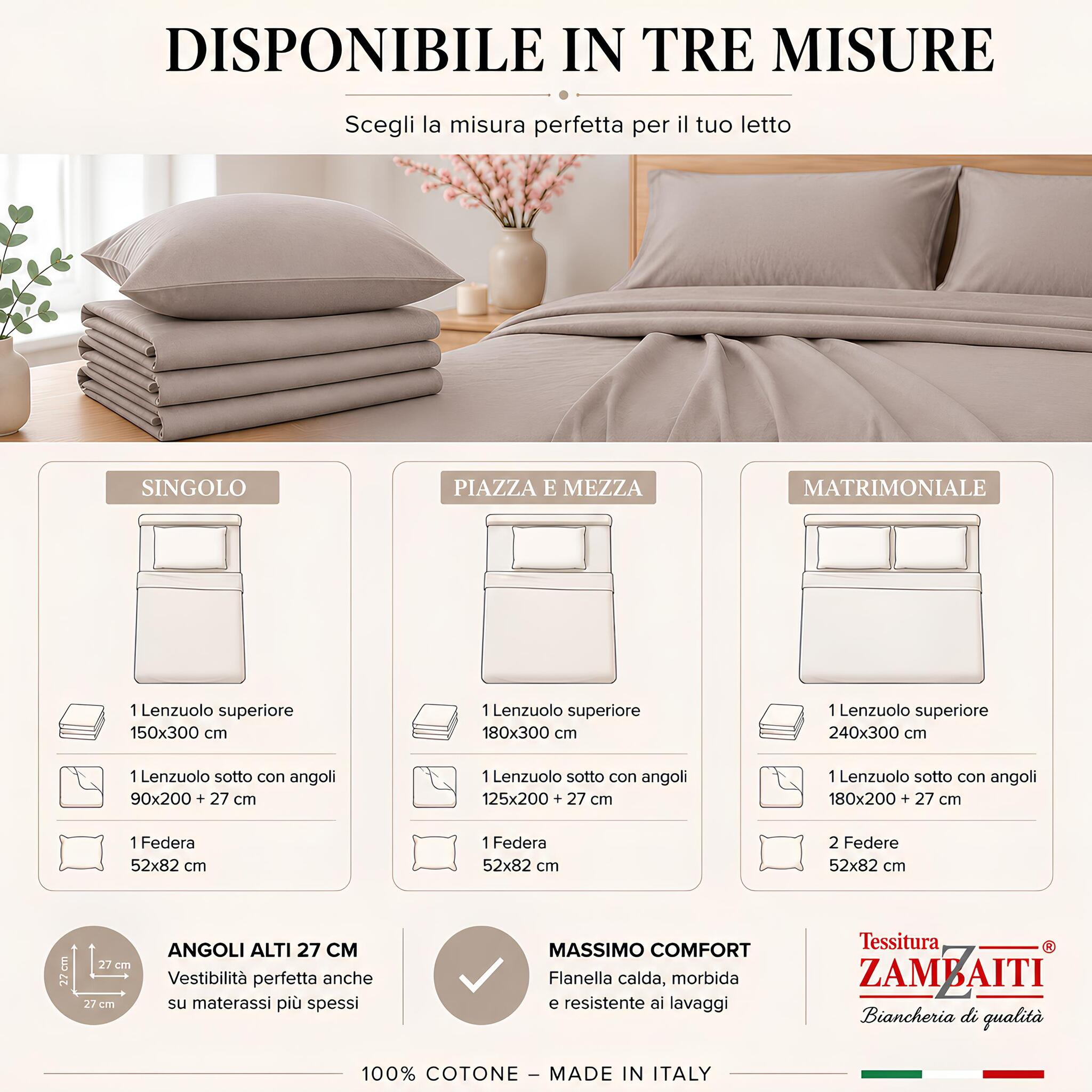 Misure disponibili del completo lenzuola in flanella Zambaiti Frida singolo piazza e mezza matrimoniale