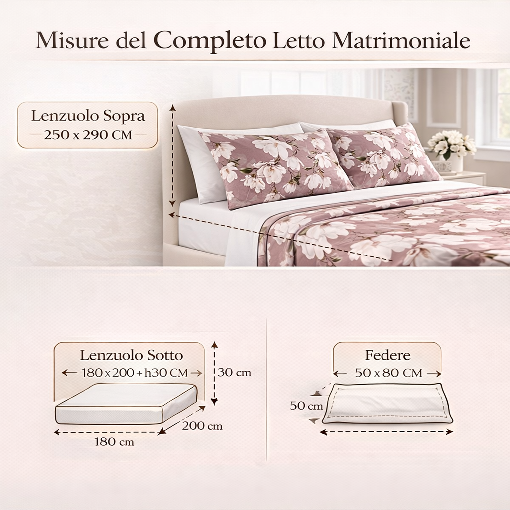 Dimensioni completo lenzuola matrimoniale 250x290 sopra e sotto con angoli 180x200 h30