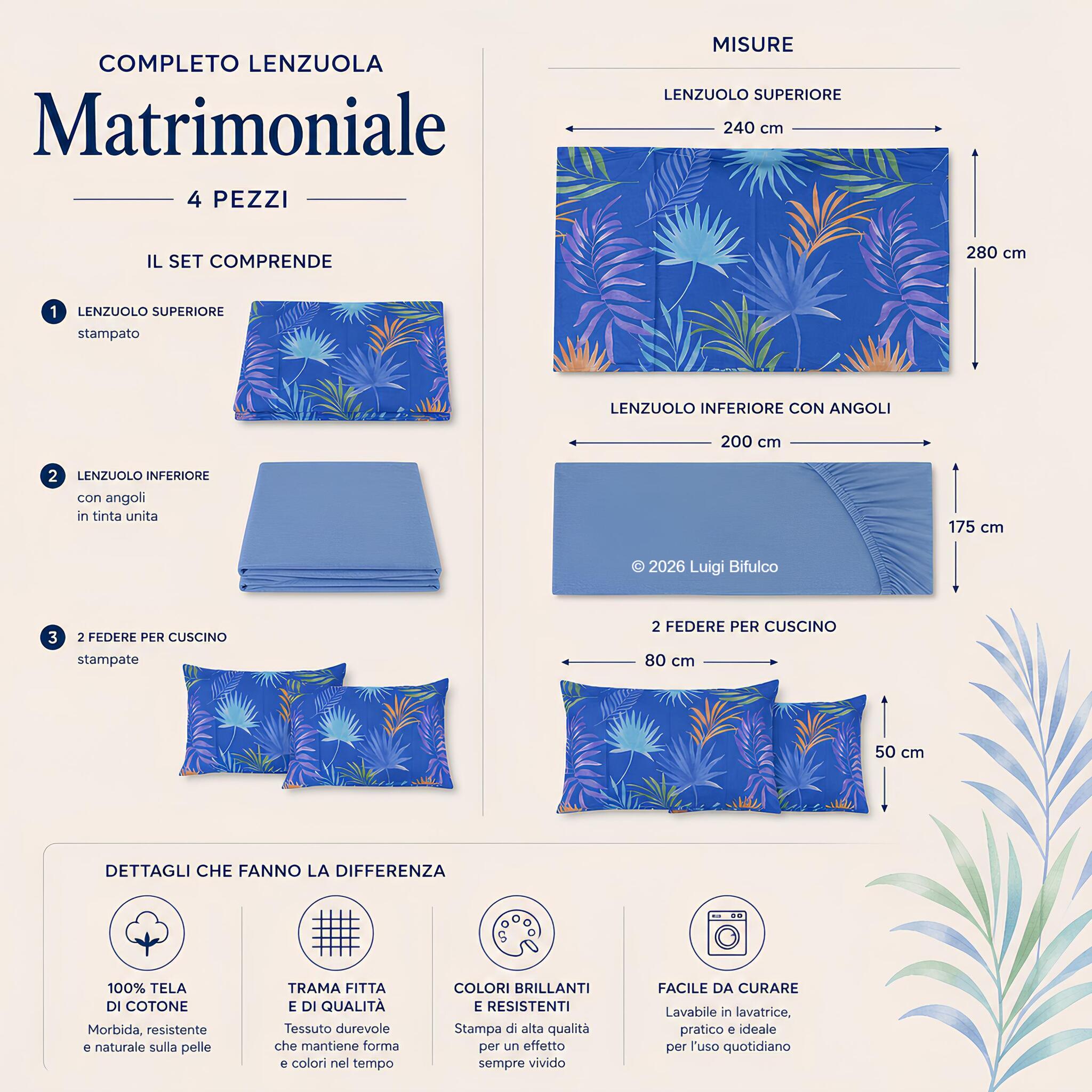 Misure completo lenzuola matrimoniale Bassetti Palmshade con lenzuolo superiore 240x280 sotto con angoli 175x200 e federe 50x80
