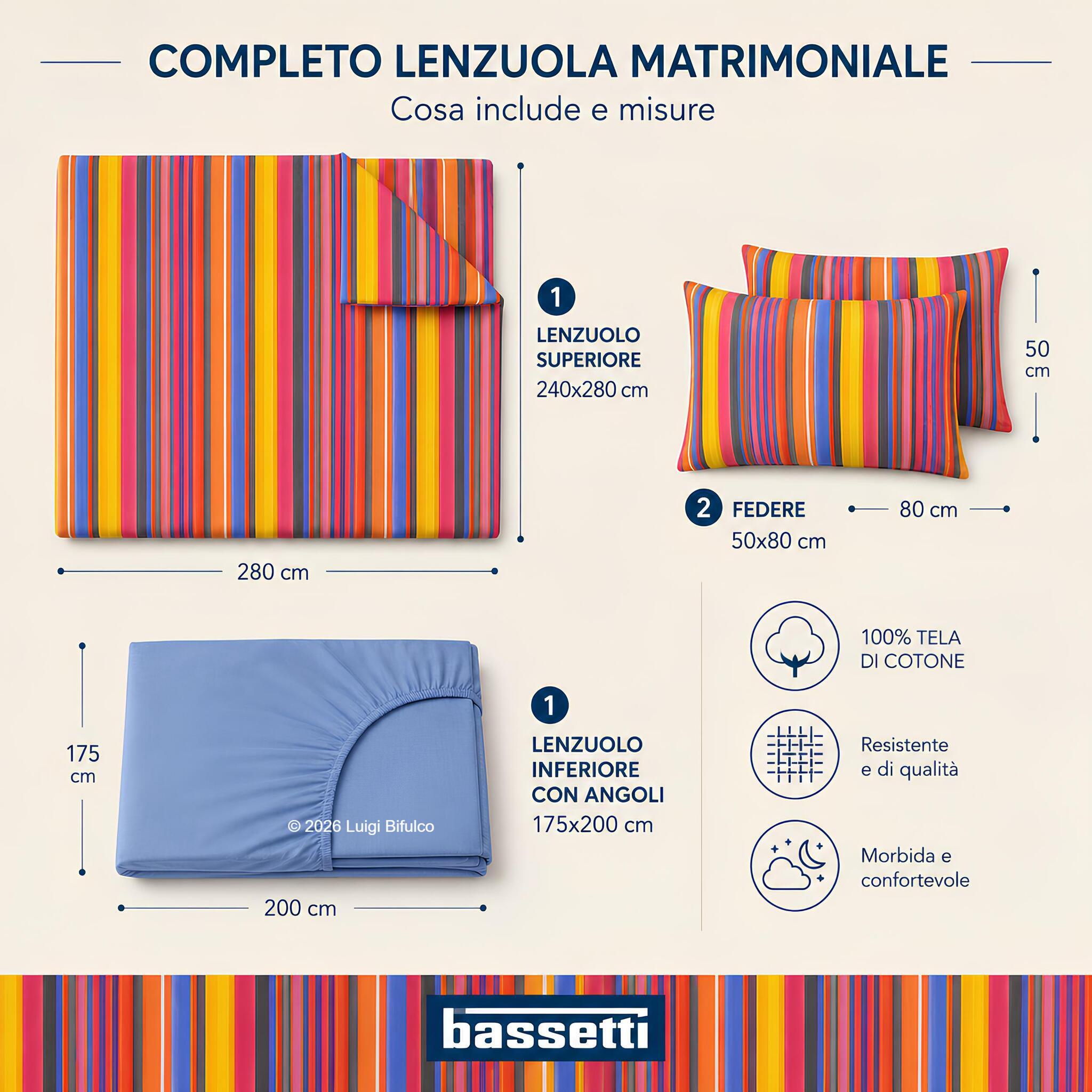 Misure completo lenzuola matrimoniale Bassetti Sunbed con lenzuolo superiore 240x280 sotto con angoli 175x200 e federe 50x80