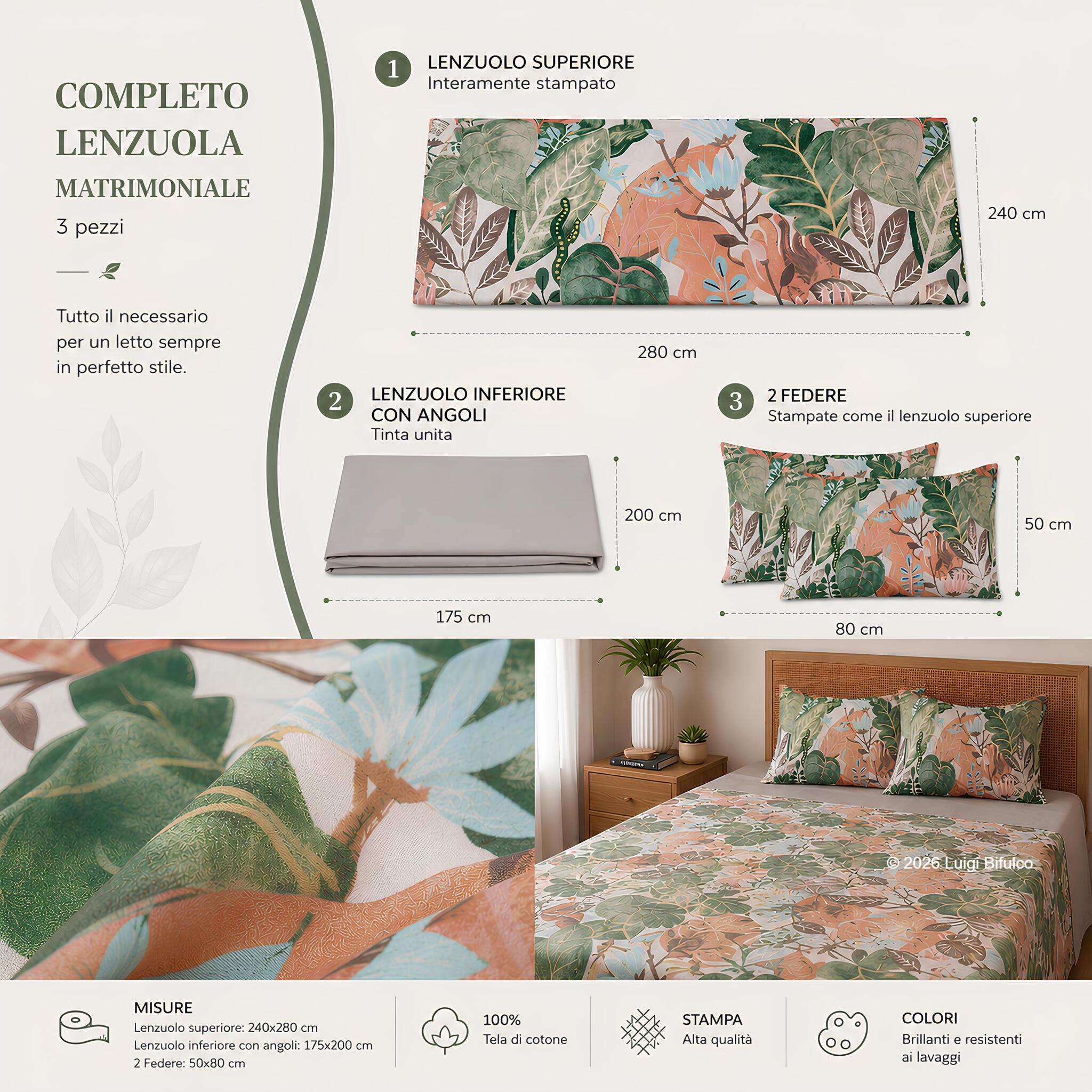 Misure completo lenzuola matrimoniale Bassetti Tropic beige con lenzuolo 240x280 sotto con angoli 175x200 e federe 50x80