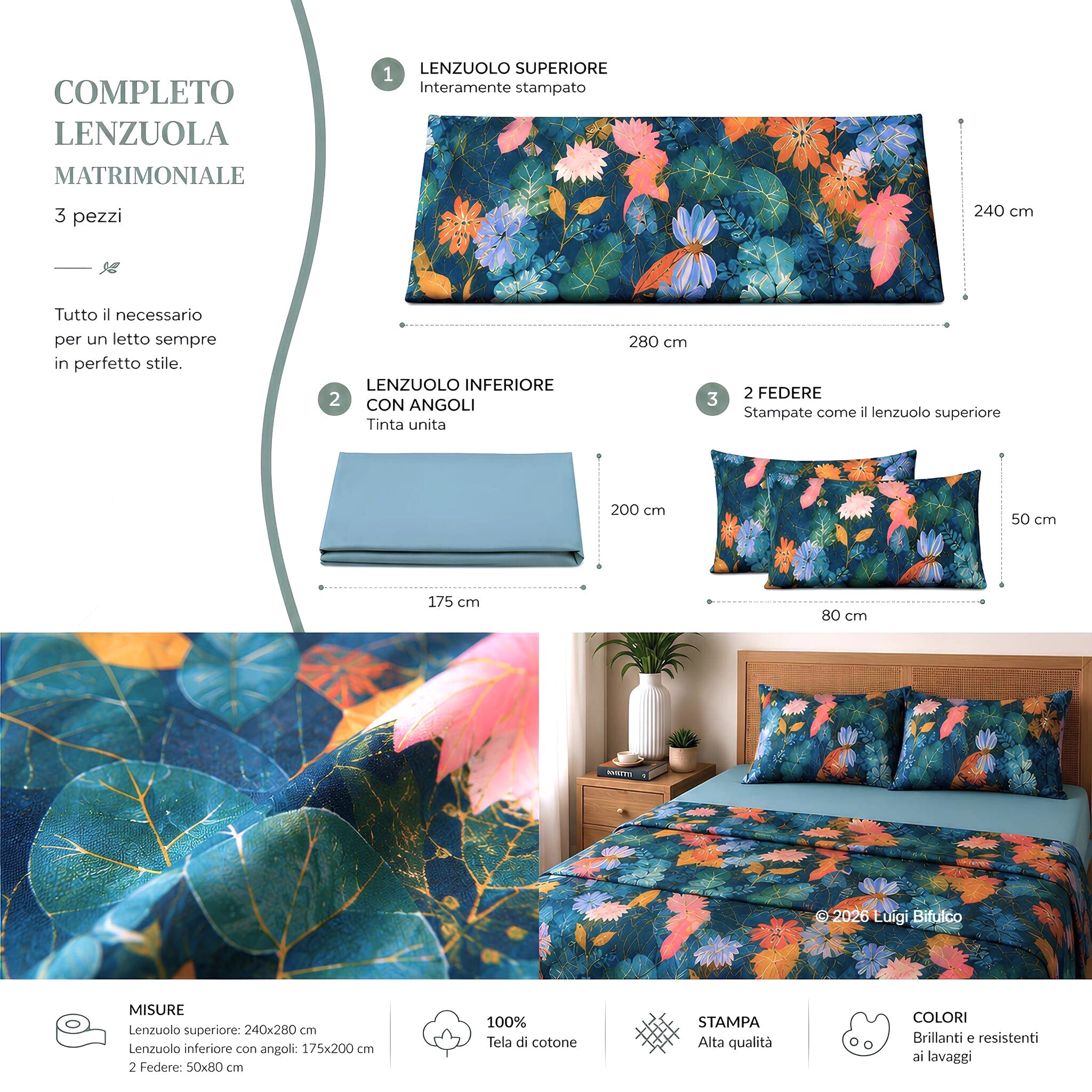 Misure completo lenzuola matrimoniale Bassetti Tropic blu con lenzuolo 240x280 sotto con angoli 175x200 e federe 50x80