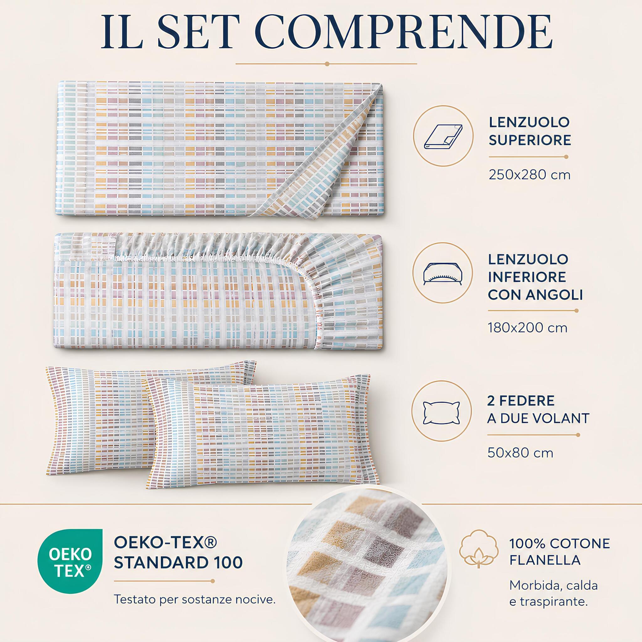 Misure completo lenzuola matrimoniale Caleffi Norvegia grigio con lenzuolo sopra sotto con angoli e due federe