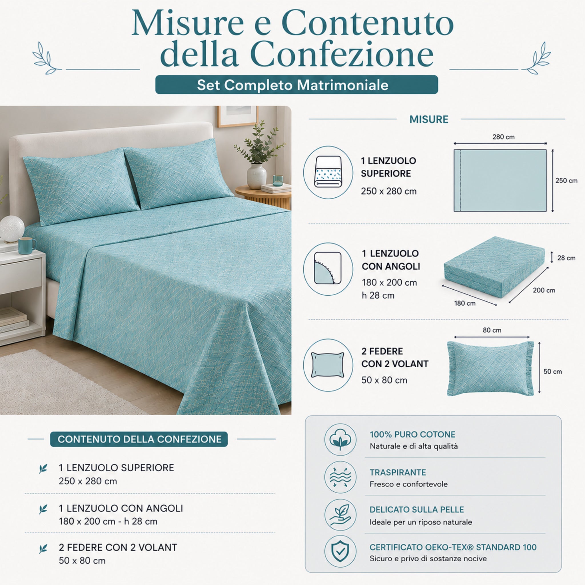 Misure e contenuto della confezione del completo lenzuola matrimoniale Caleffi Notting colore anice