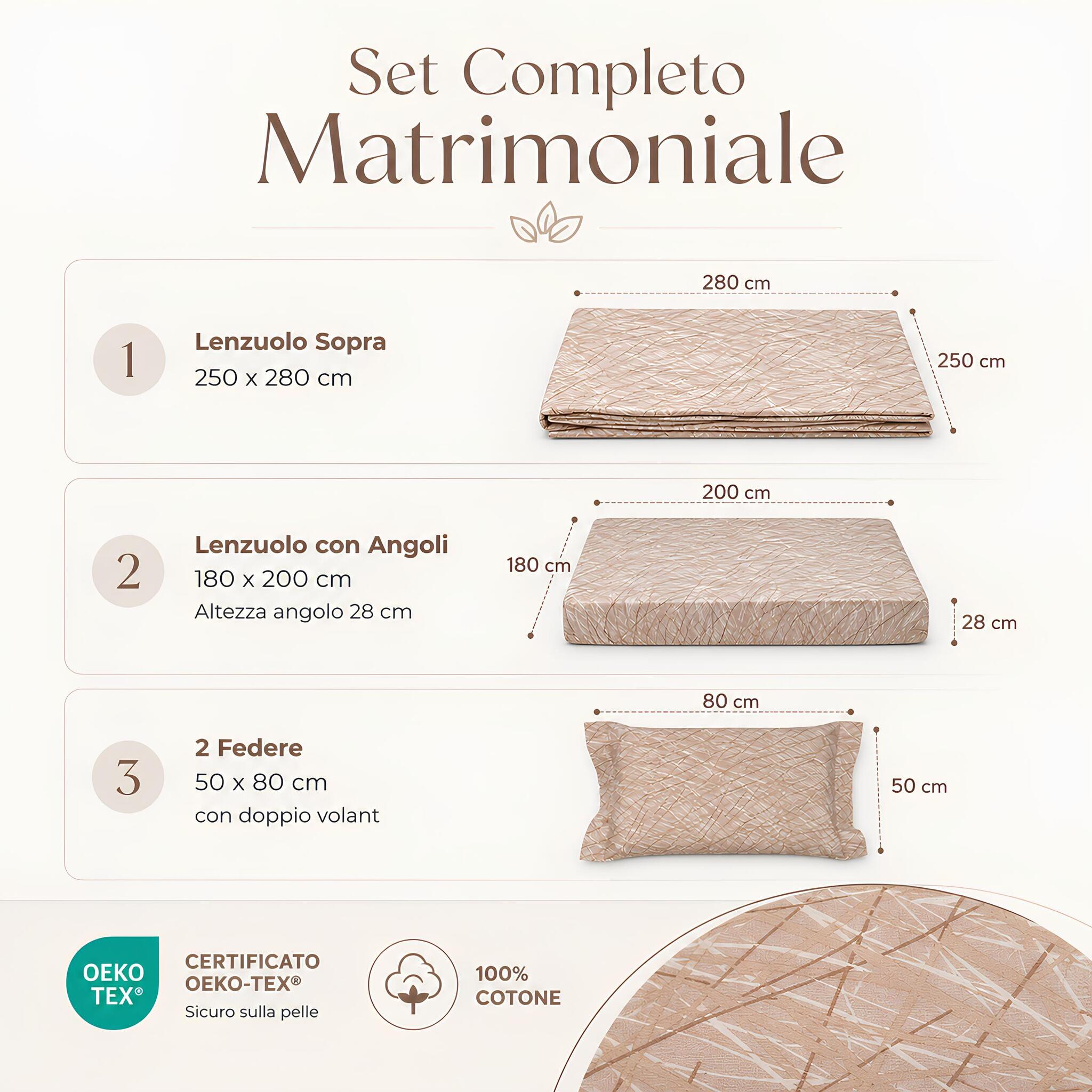 Misure e contenuto della confezione del completo lenzuola matrimoniale Caleffi Notting colore biscotto