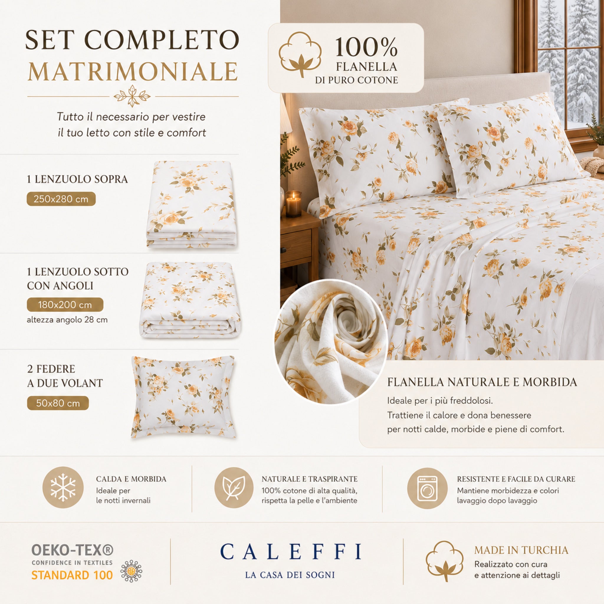 Misure completo lenzuola matrimoniale Caleffi Rosa biscotto con lenzuolo sopra sotto con angoli e due federe