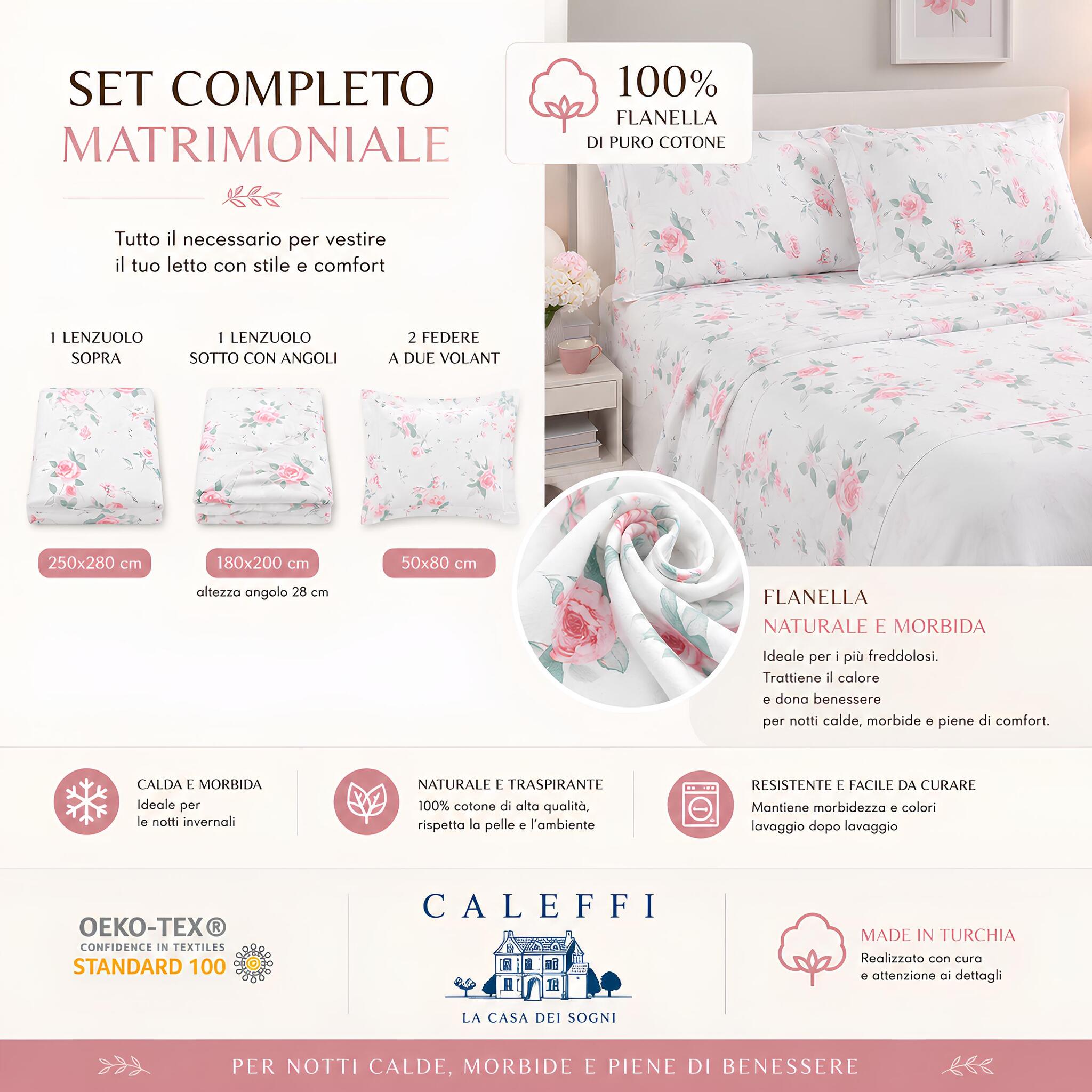 Misure completo lenzuola matrimoniale Caleffi Rosa con lenzuolo sopra sotto con angoli e due federe
