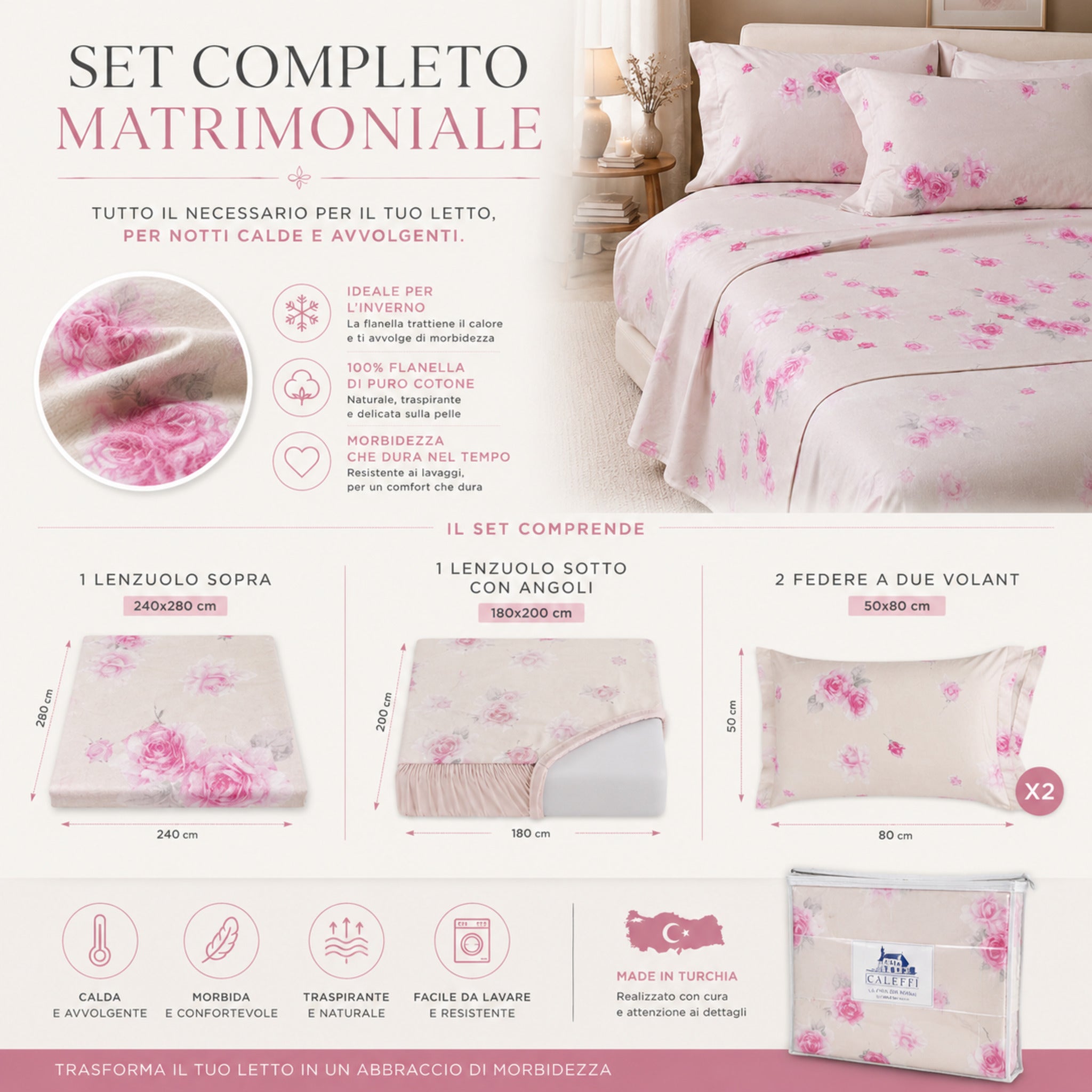 Misure completo lenzuola matrimoniale Caleffi Floral Style panna in flanella 100 cotone