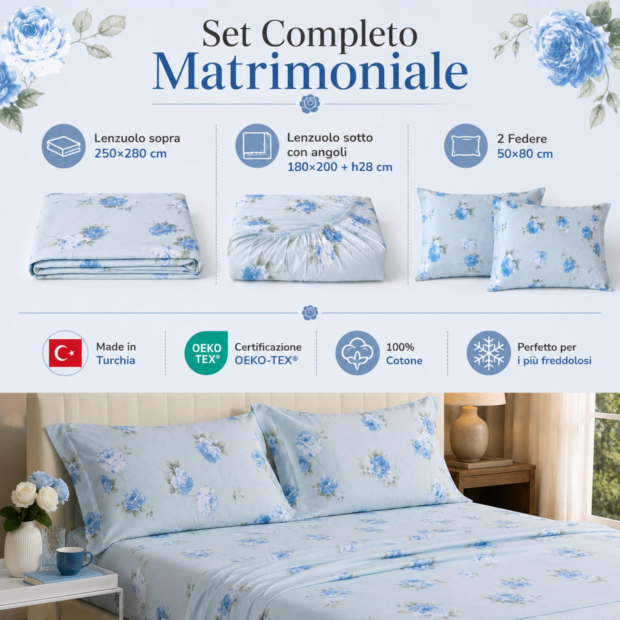 Misure completo lenzuola matrimoniale Flory Caleffi con lenzuolo sopra sotto con angoli e due federe azzurro
