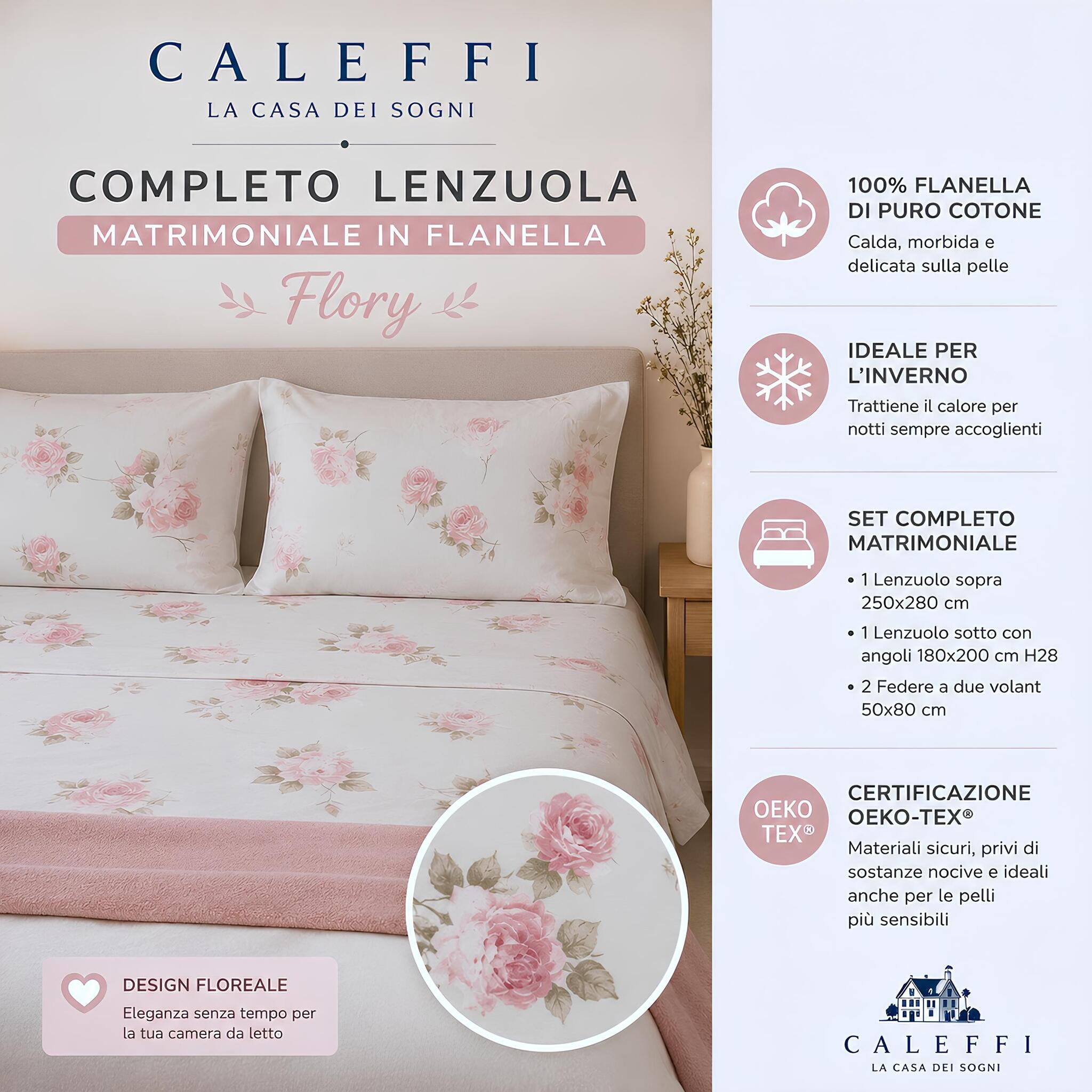 Misure completo lenzuola matrimoniale Flory Caleffi con lenzuolo sopra sotto con angoli e due federe naturale