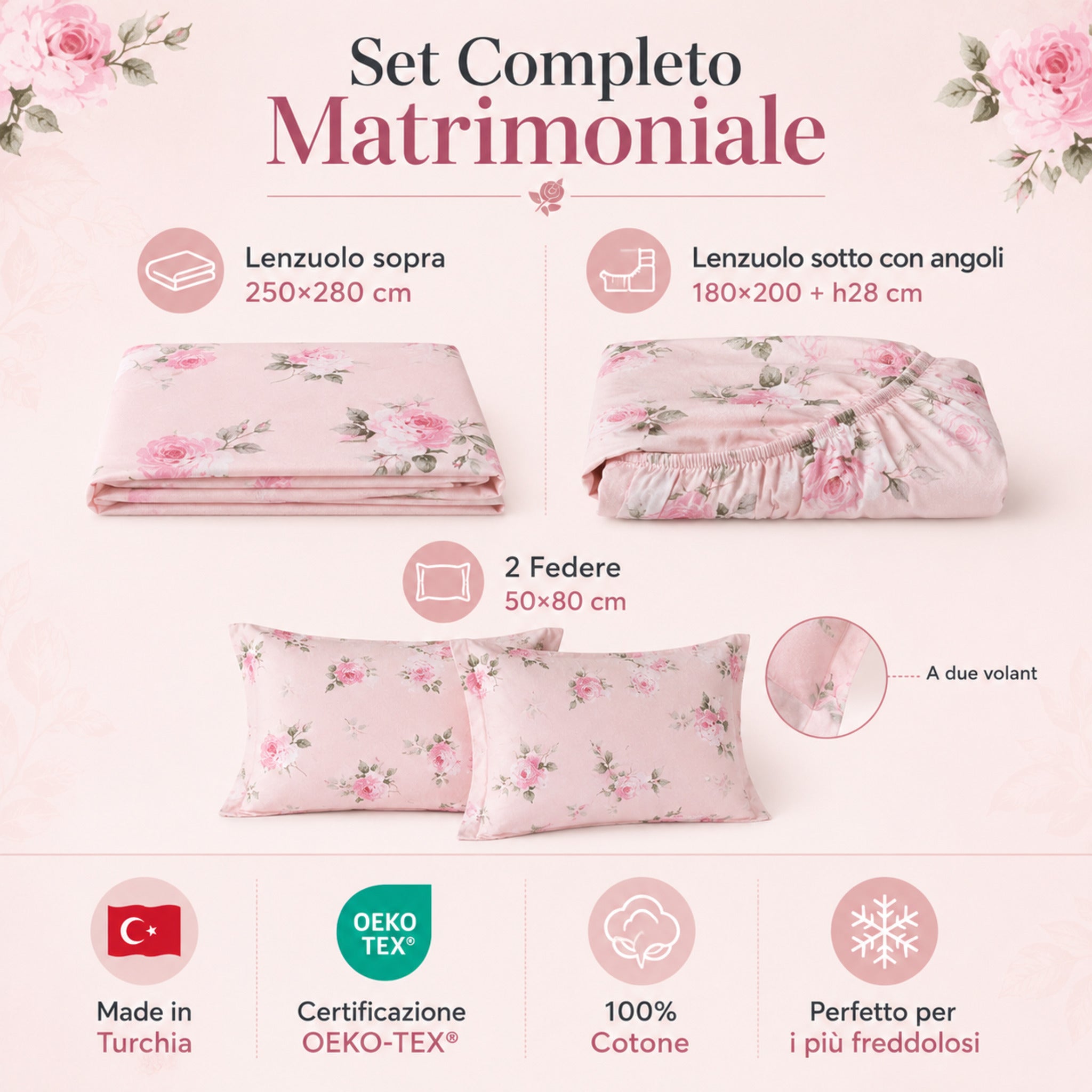 Misure completo lenzuola matrimoniale Flory Caleffi con lenzuolo sopra sotto con angoli e due federe rosa