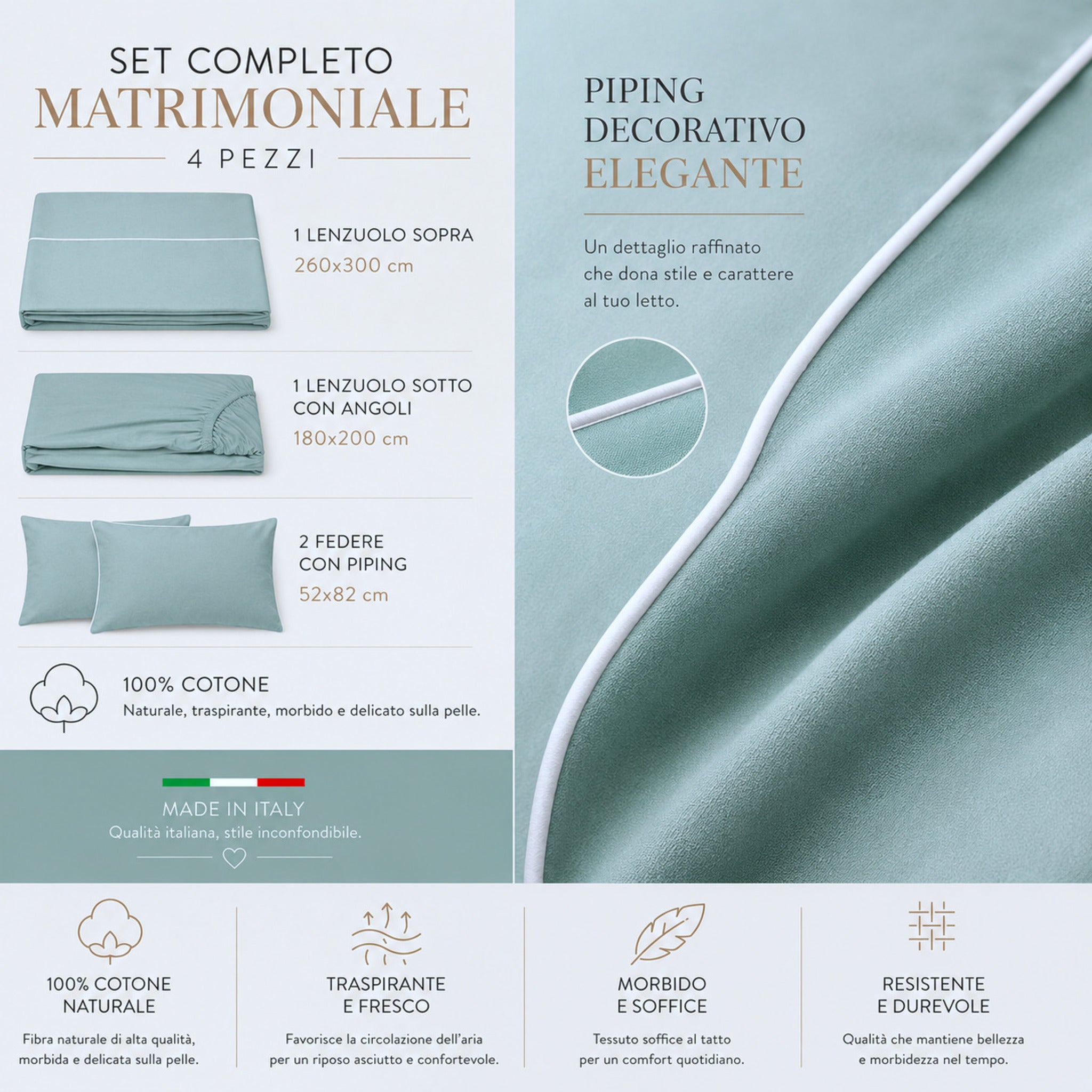Misure completo lenzuola matrimoniale Rebecca Home Cindy 4 pezzi in cotone Made in Italy