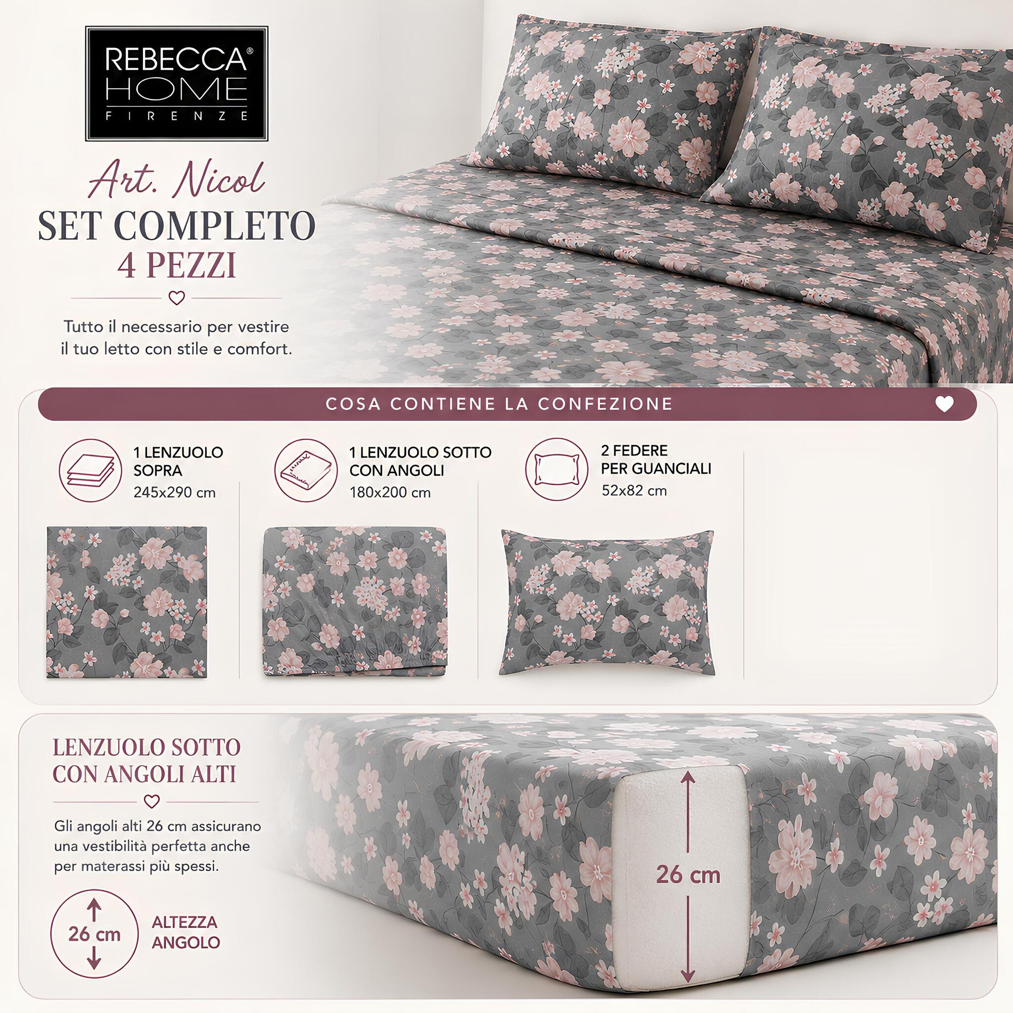 Misure e contenuto della confezione del completo lenzuola matrimoniale Rebecca Home Nicol
