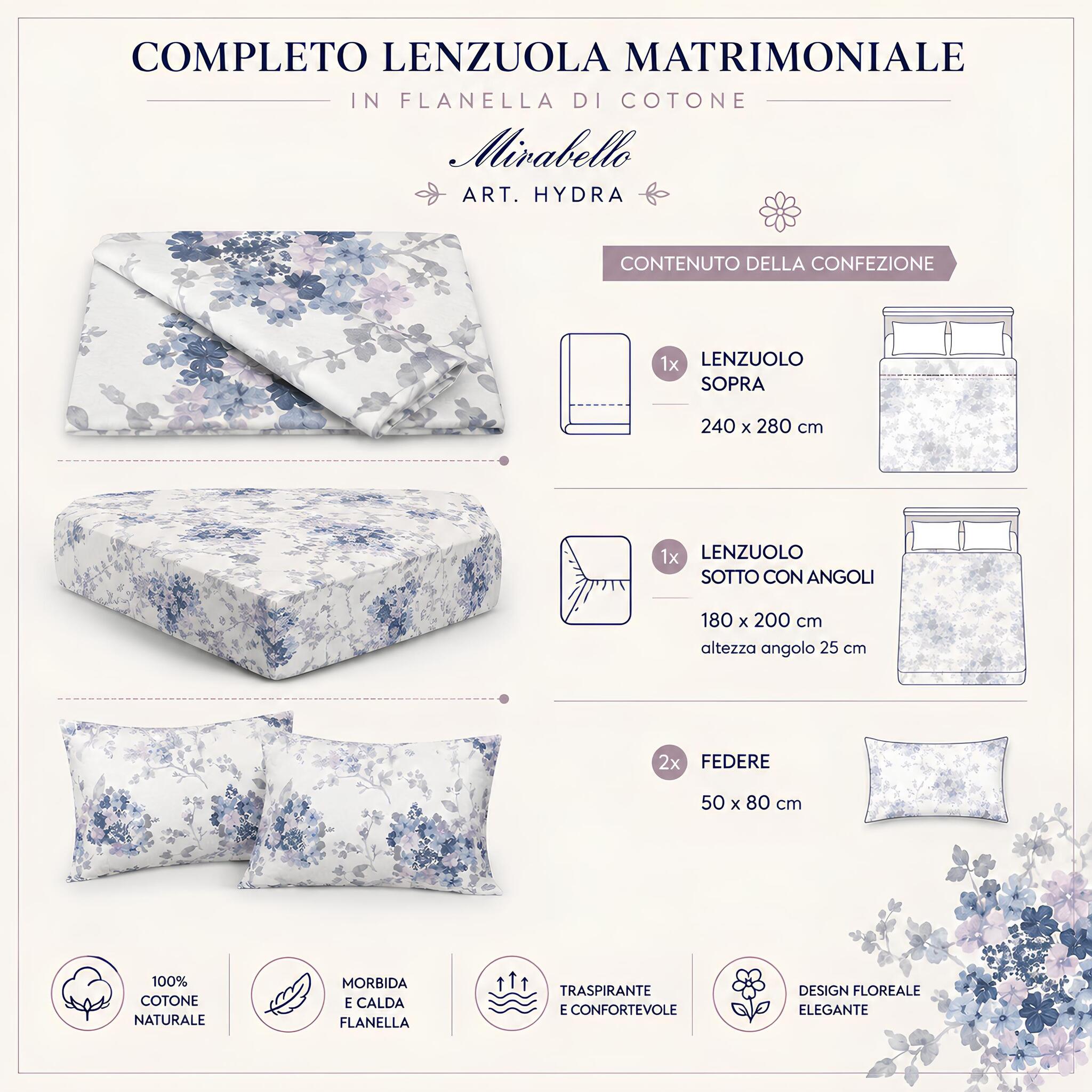Misure e contenuto della confezione del completo lenzuola matrimoniale Mirabello Hydra azzurro