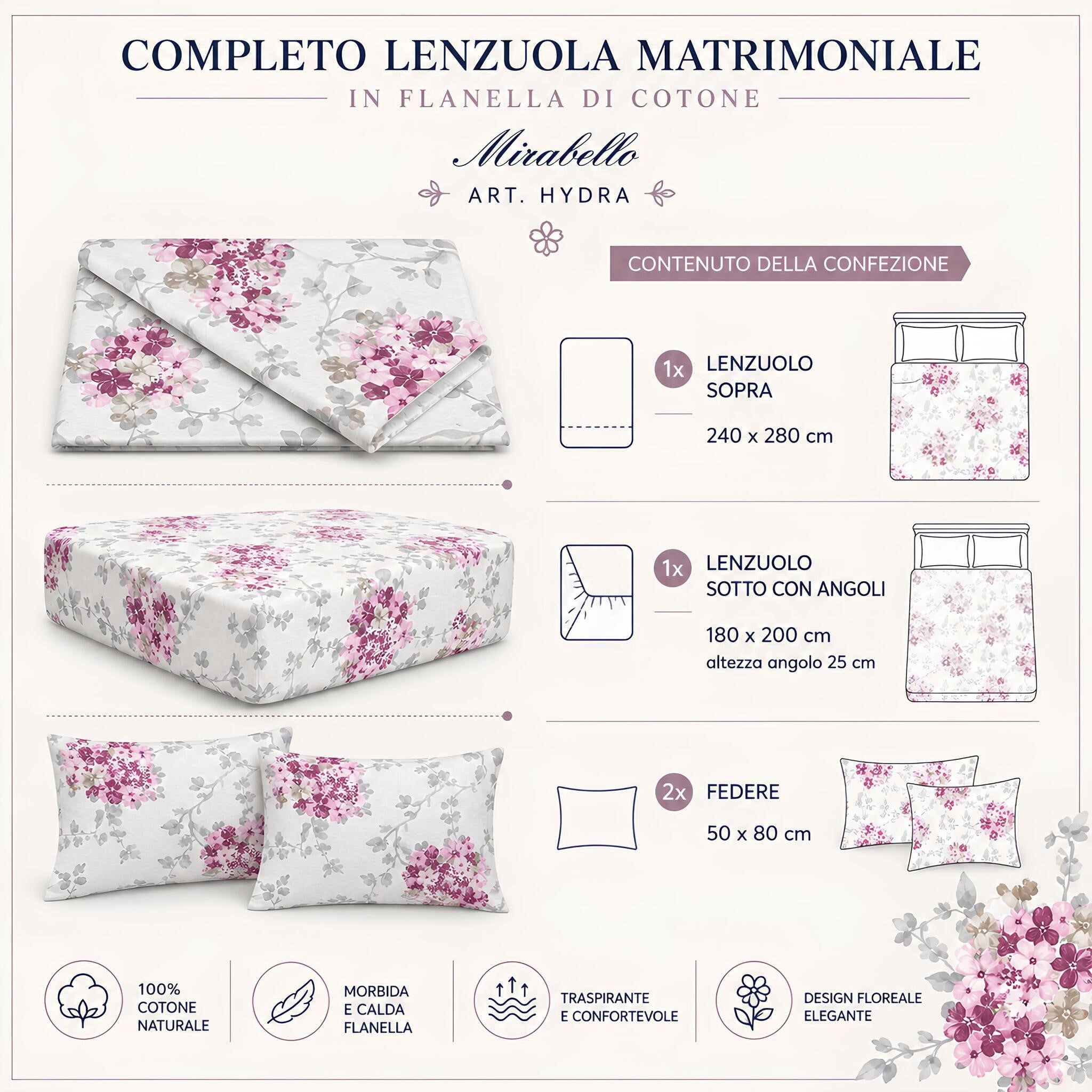 Misure e contenuto della confezione del completo lenzuola matrimoniale Mirabello Hydra rosa
