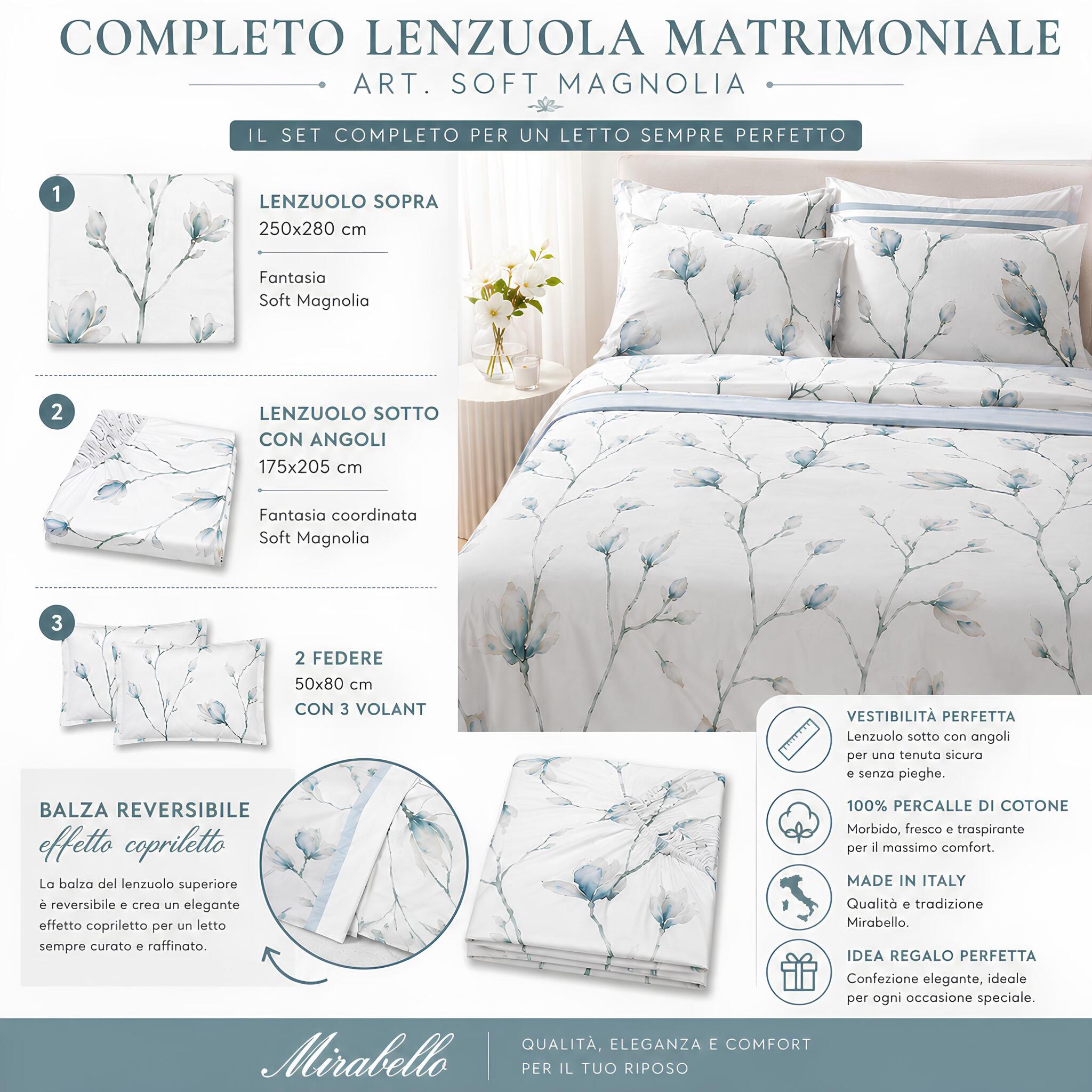 Misure e contenuto del completo lenzuola matrimoniale Mirabello Soft Magnolia con effetto copriletto