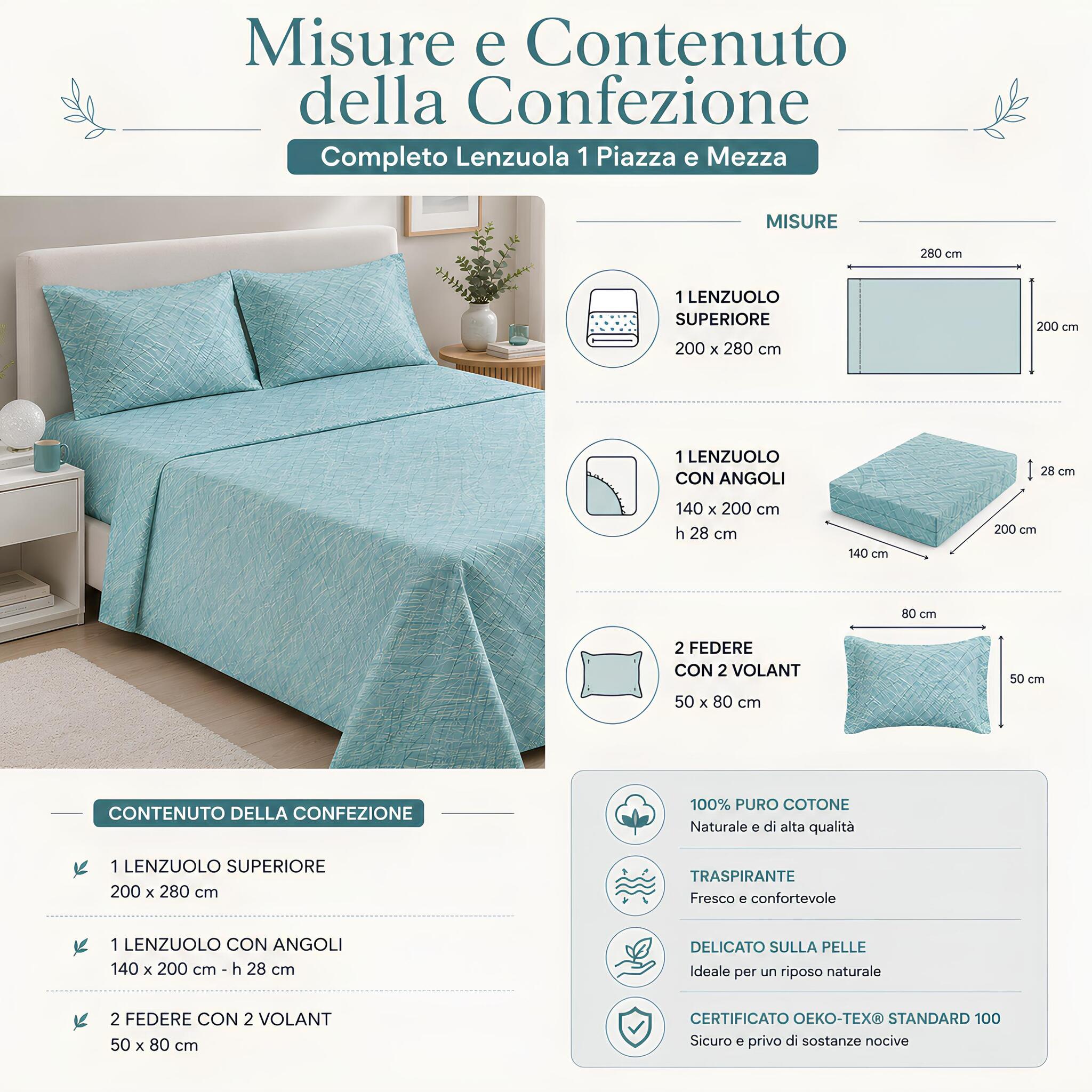 Misure del completo lenzuola piazza e mezza Caleffi Notting colore Anice con contenuto confezione