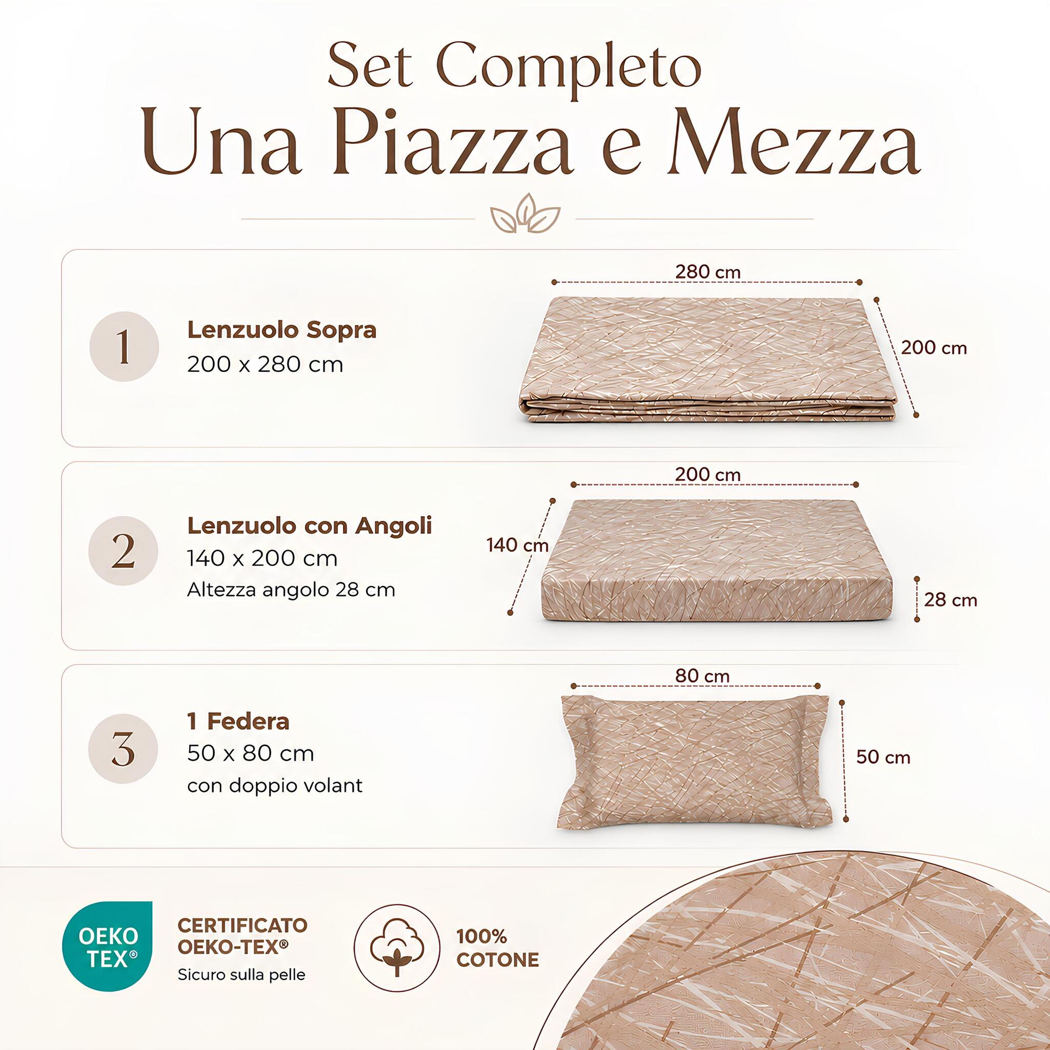 Misure del completo lenzuola piazza e mezza Caleffi Notting colore biscotto con contenuto confezione