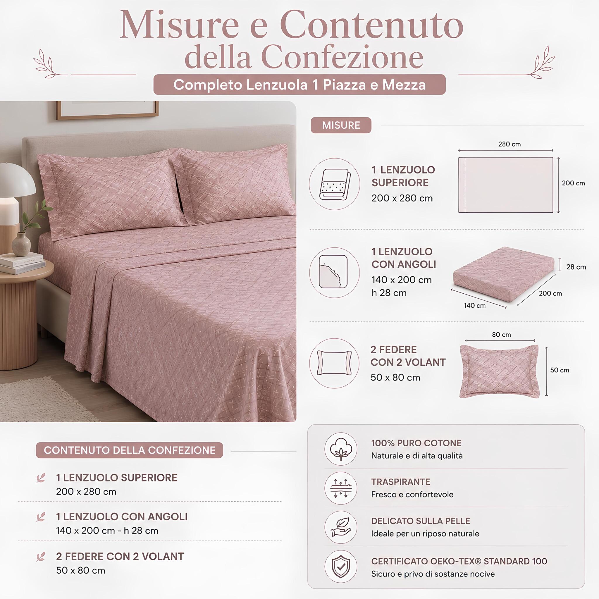 Misure del completo lenzuola piazza e mezza Caleffi Notting colore Cipria con contenuto confezione