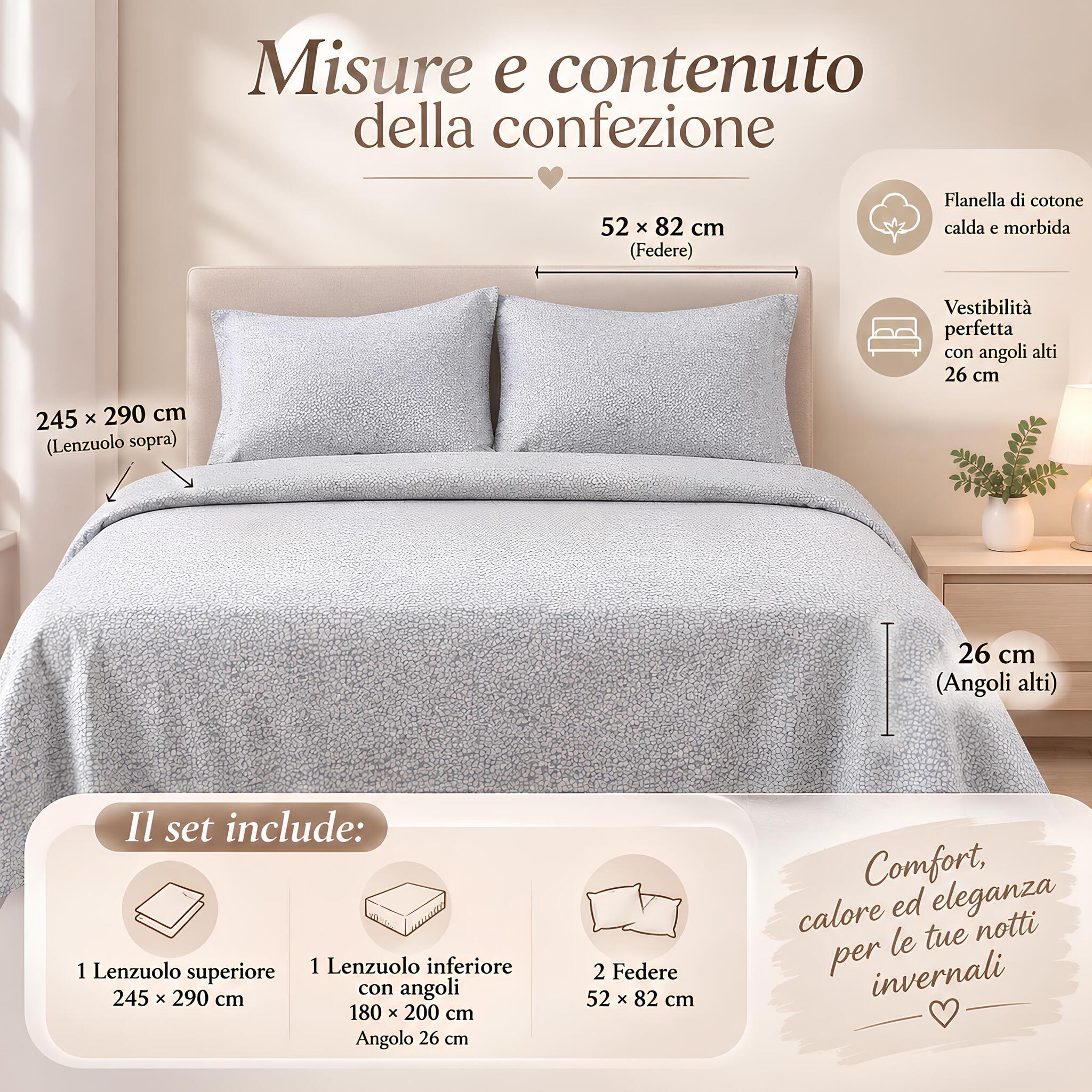 Misure e contenuto della confezione del completo lenzuola matrimoniale Rebecca Home Nicol gigio
