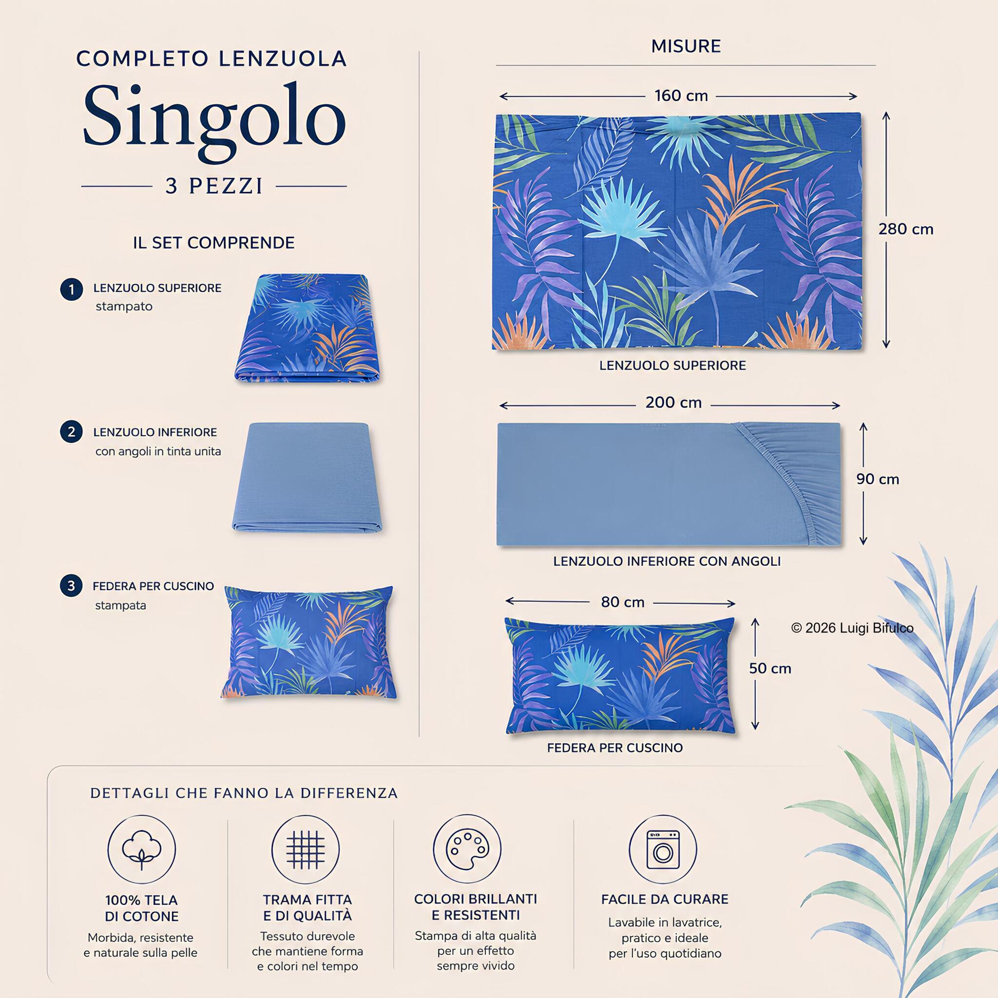 Misure completo lenzuola singolo Bassetti Palmshade con lenzuolo superiore inferiore e federa.