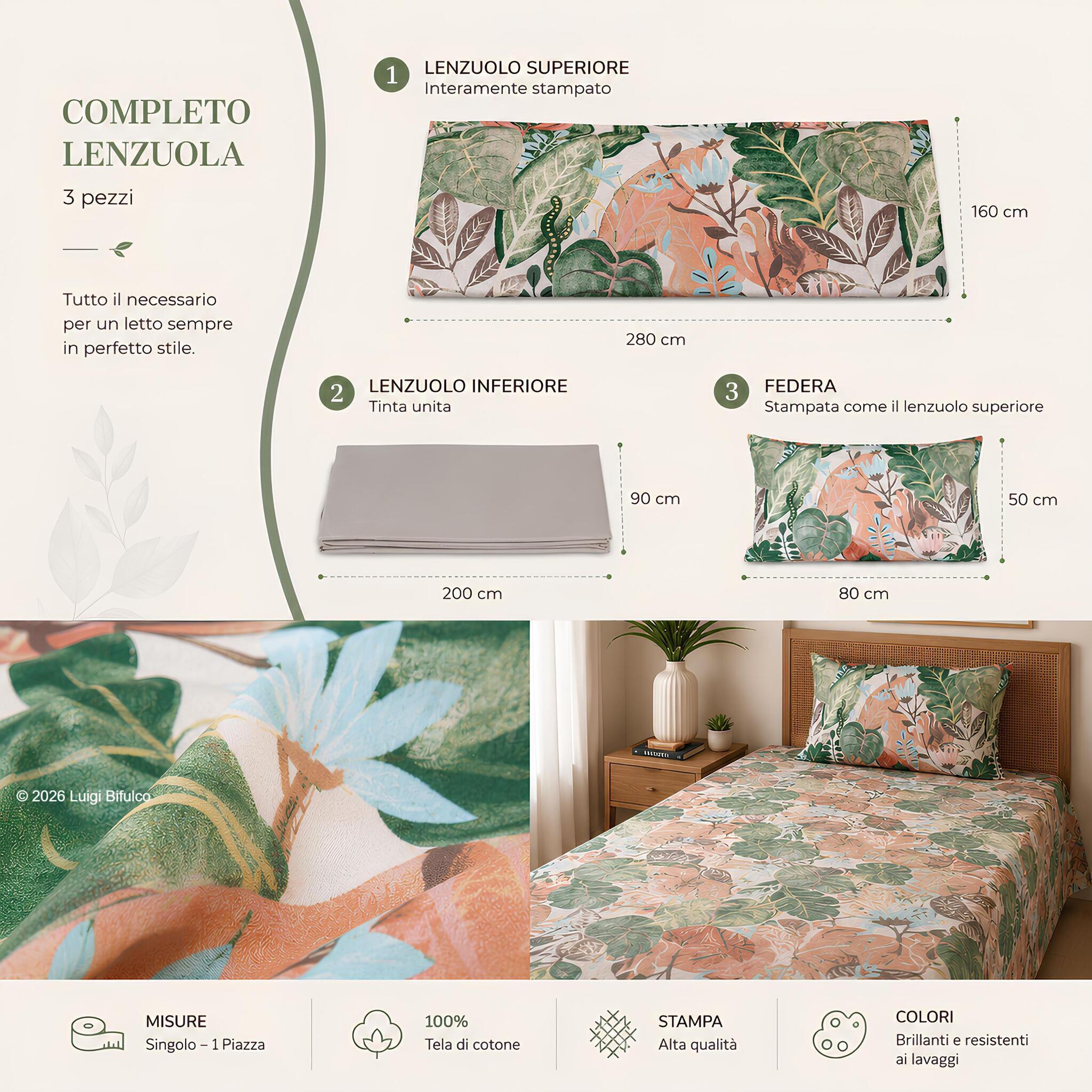 Misure completo lenzuola singolo Bassetti Tropical beige con lenzuolo superiore inferiore e federa.