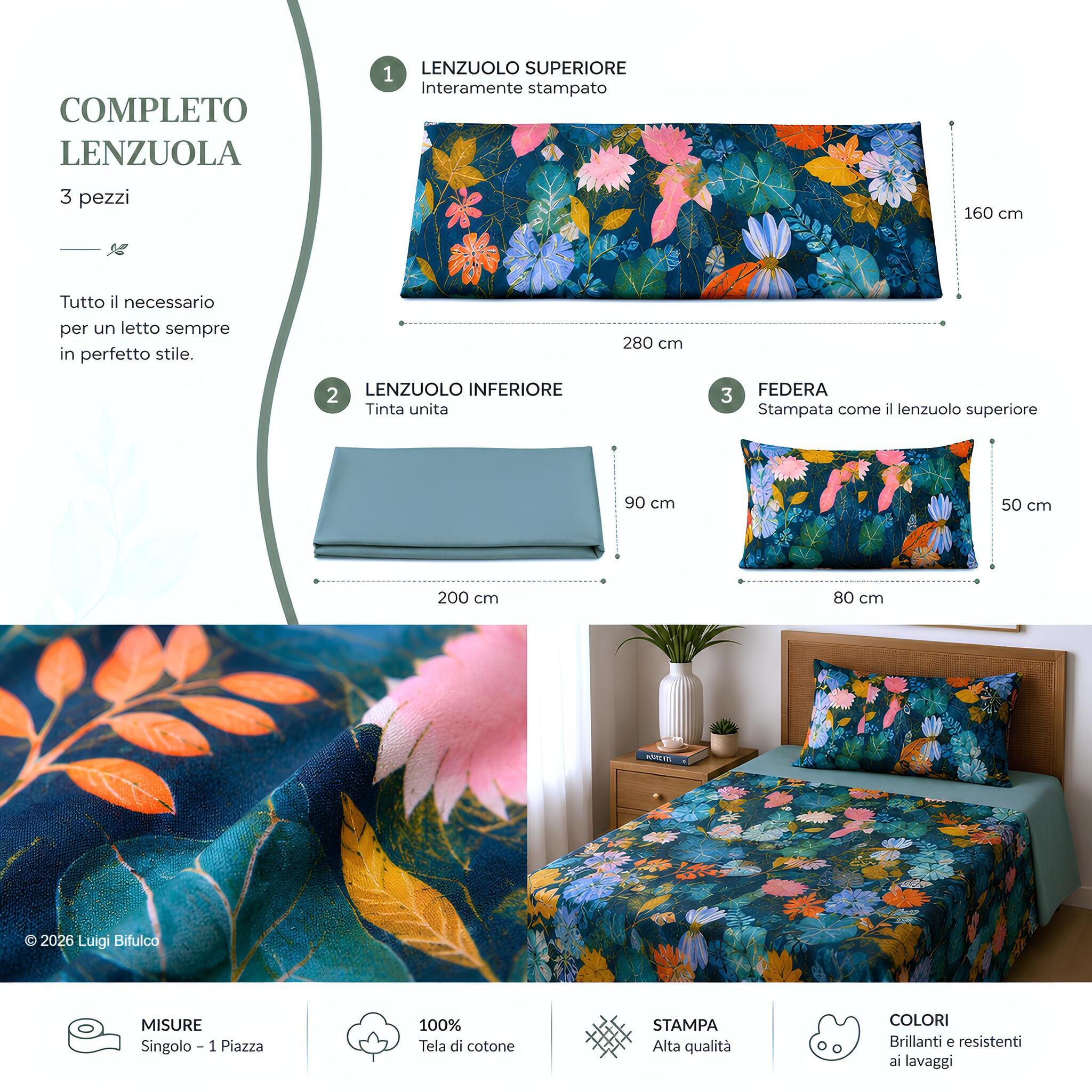 Misure completo lenzuola singolo Bassetti Tropical blu con federa e lenzuola coordinate.