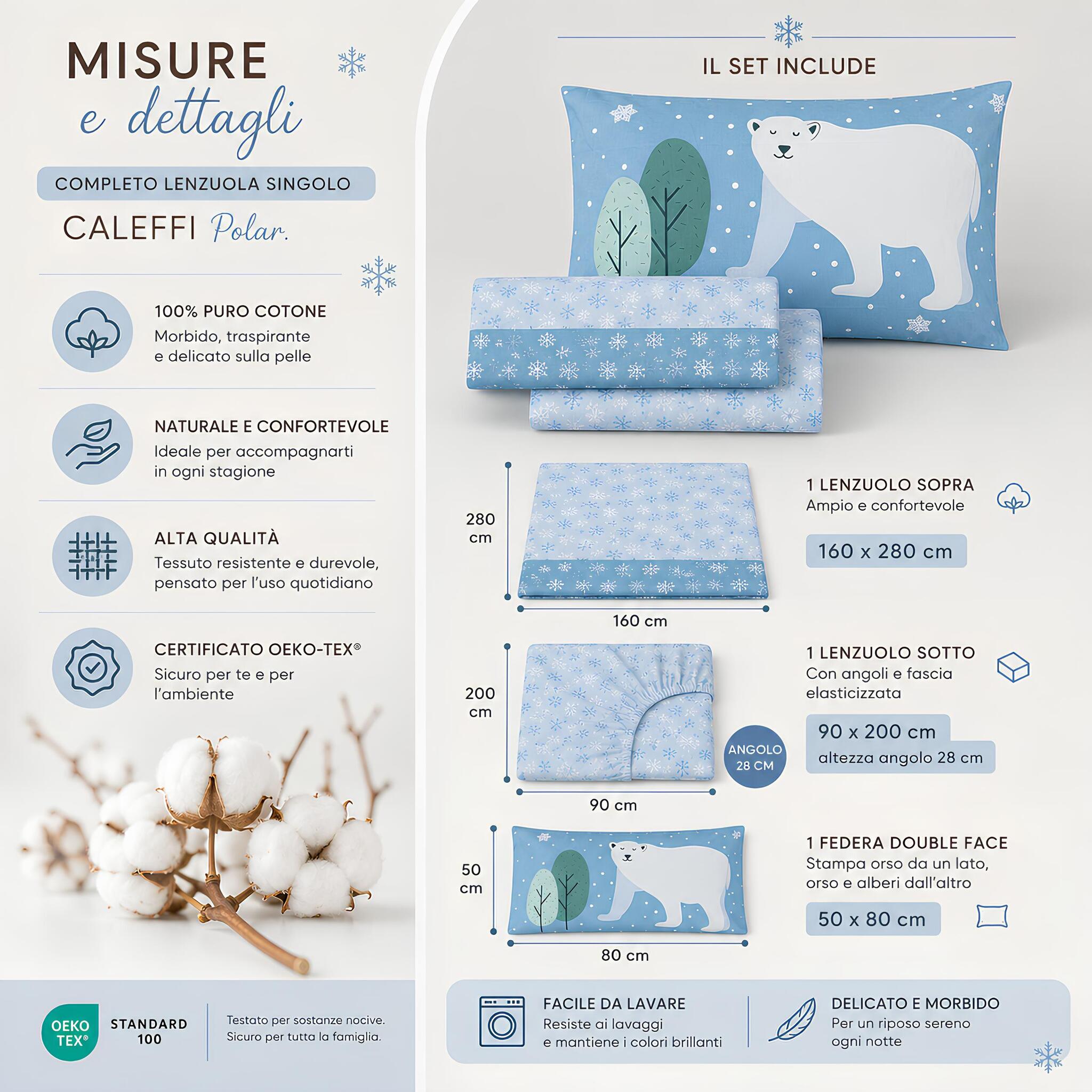 Misure del completo lenzuola singolo Caleffi Polar azzurro con lenzuolo sopra sotto e federa double face