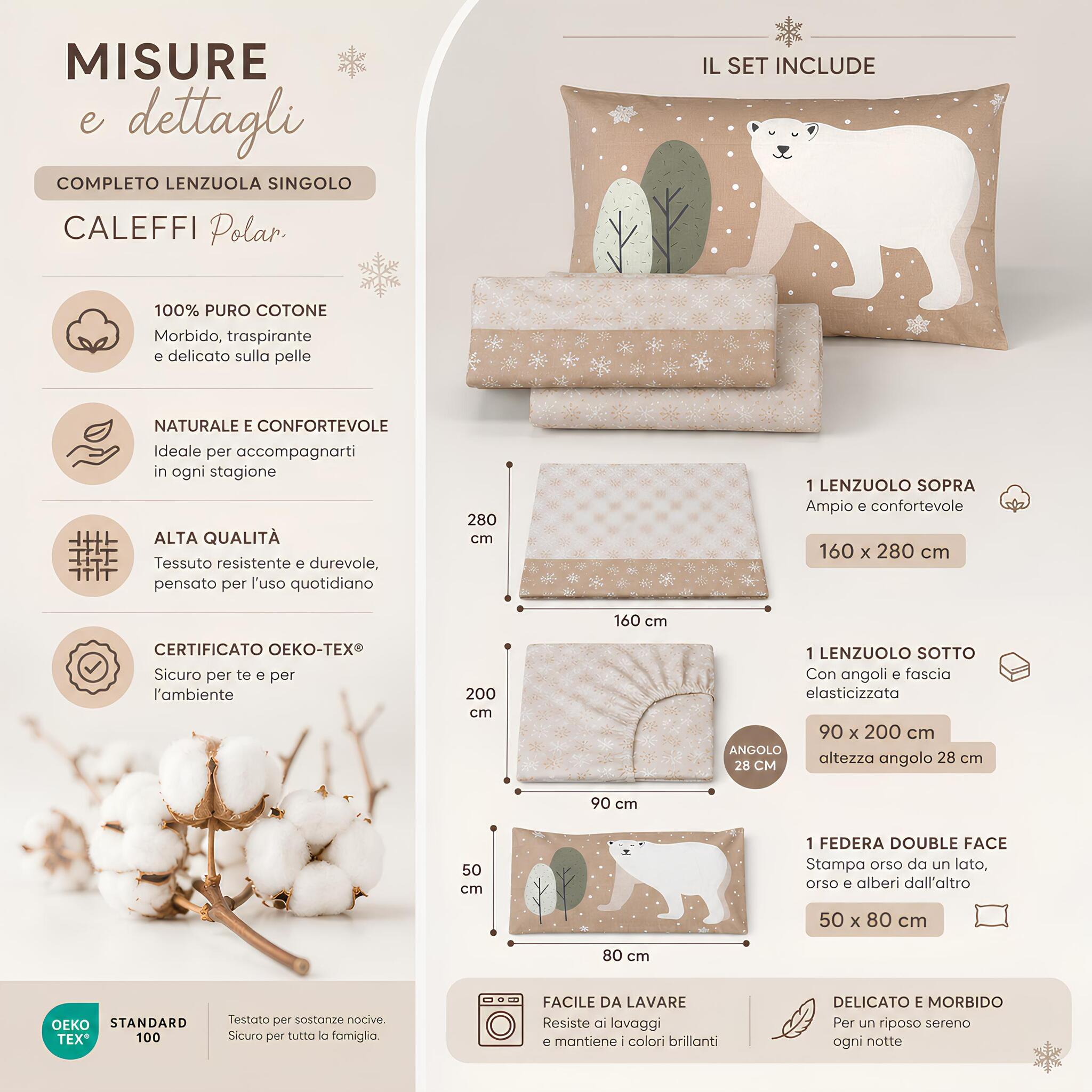 Misure del completo lenzuola singolo Caleffi Polar con lenzuolo sopra sotto e federa double face
