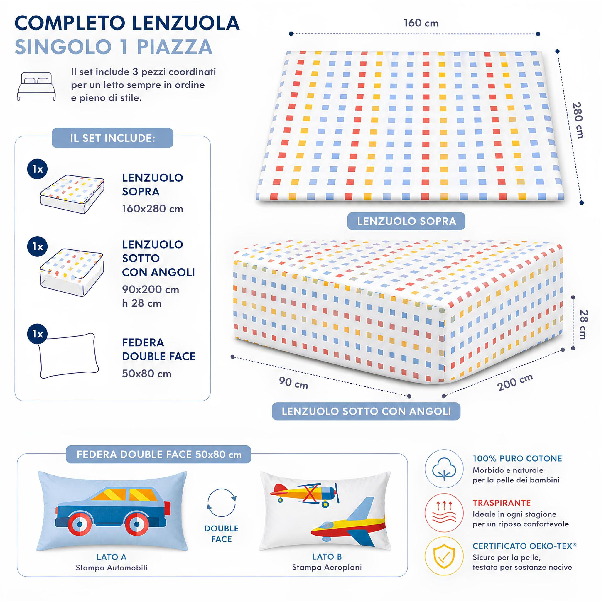 Misure completo lenzuola singolo Caleffi Toys azzurro con lenzuolo sopra sotto e federa double face