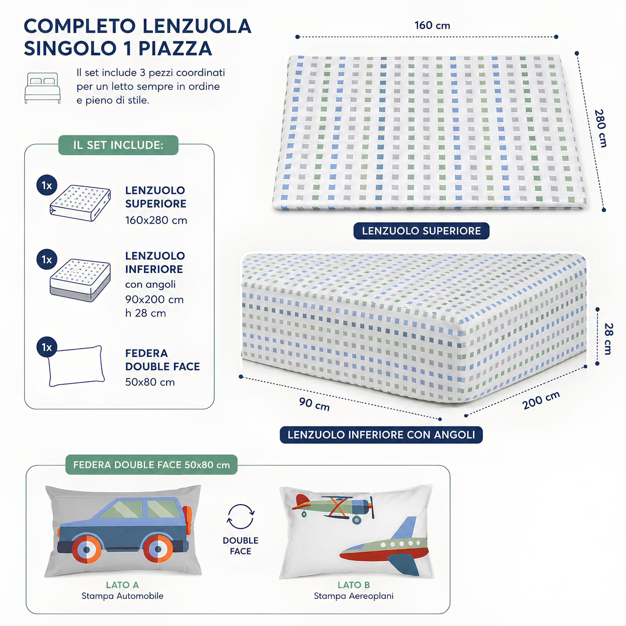 Misure completo lenzuola singolo Caleffi Toys con lenzuolo sopra sotto e federa double face