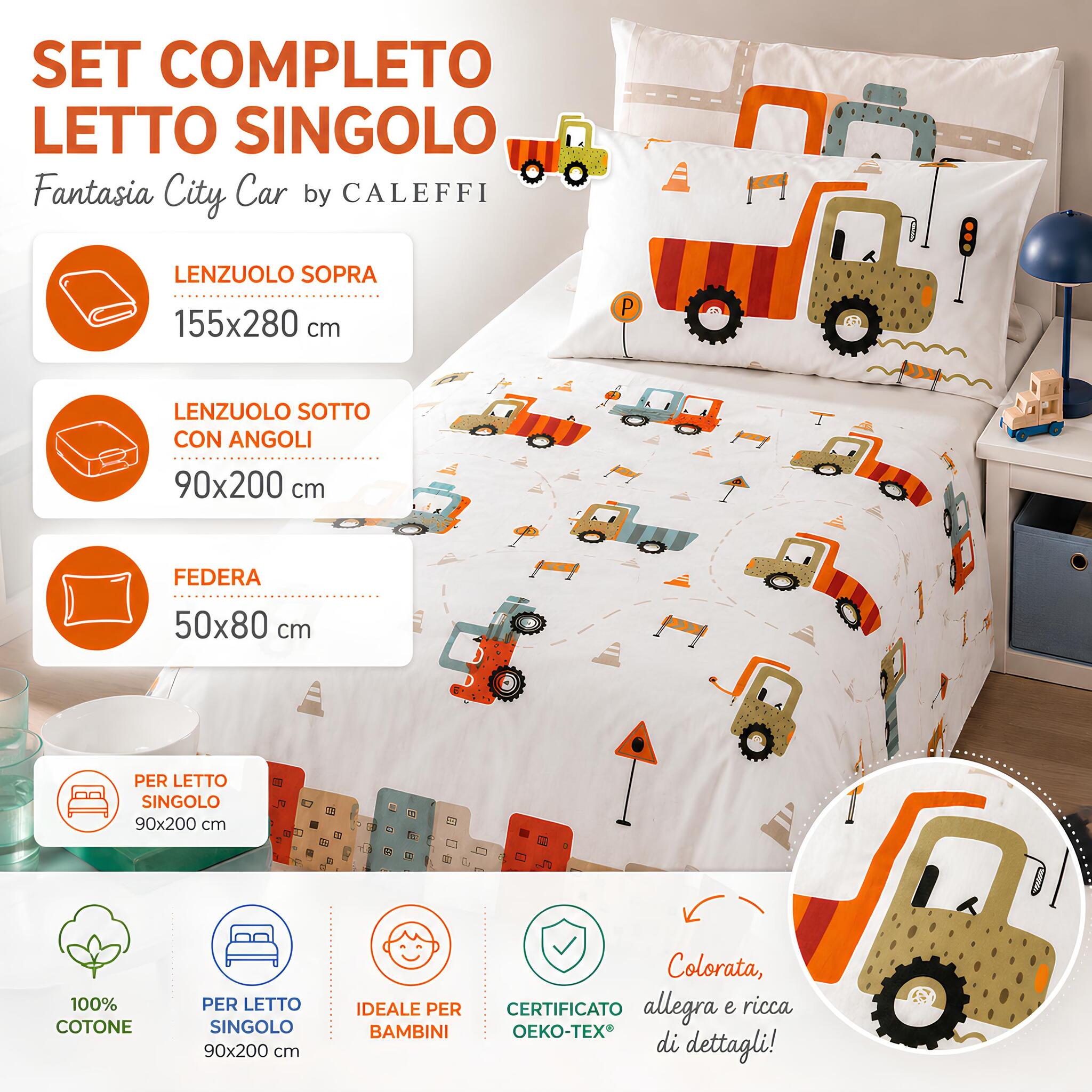 Dimensioni completo lenzuola singolo Caleffi City Car beige con federa e lenzuola coordinate