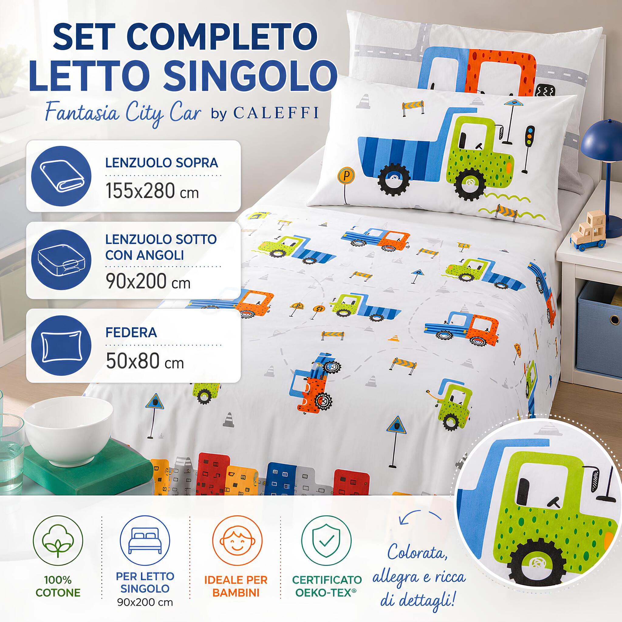 Misure completo lenzuola singolo Caleffi City Car colore grigio con lenzuolo sopra sotto e federa