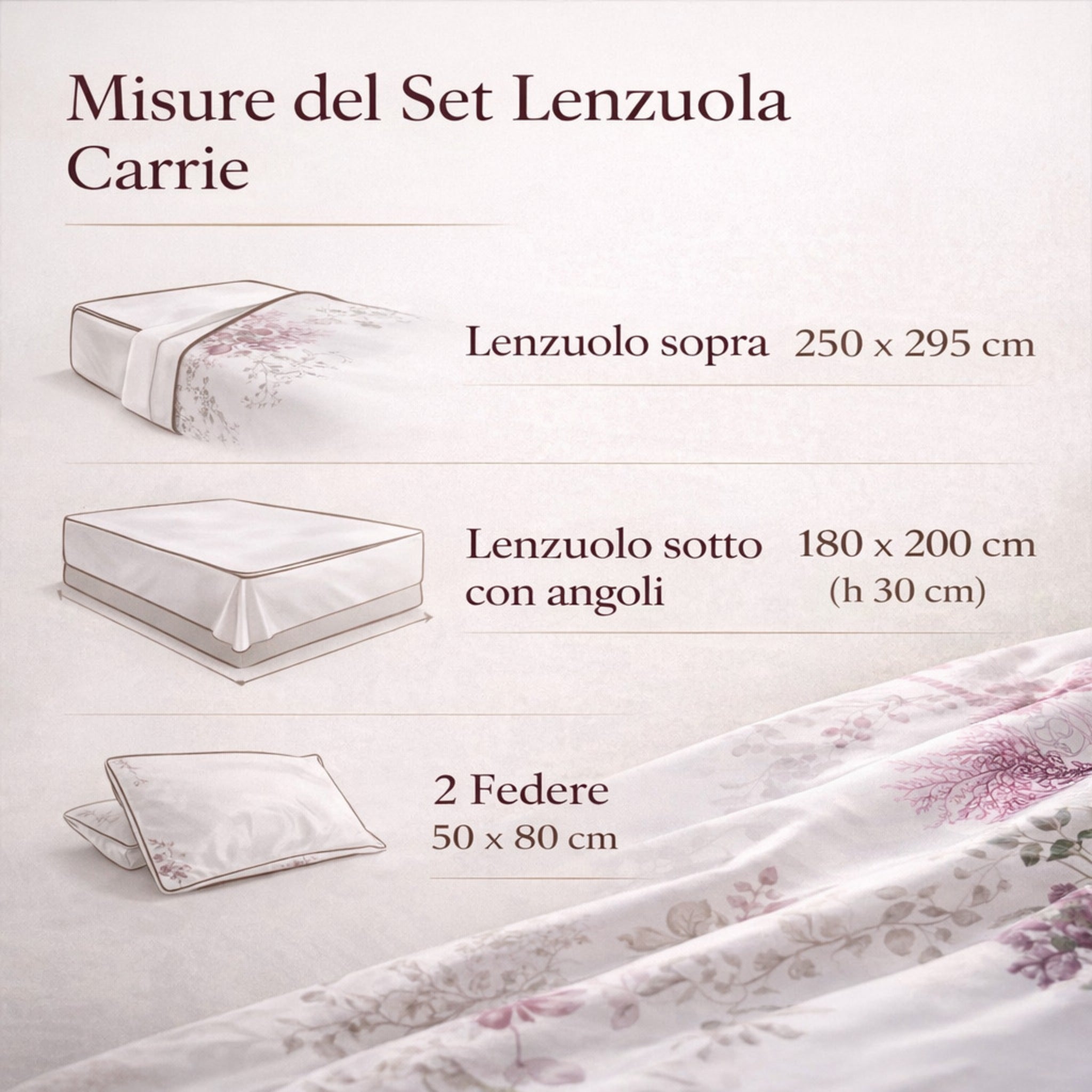 Misure completo lenzuola matrimoniale 250x295 con angoli 180x200