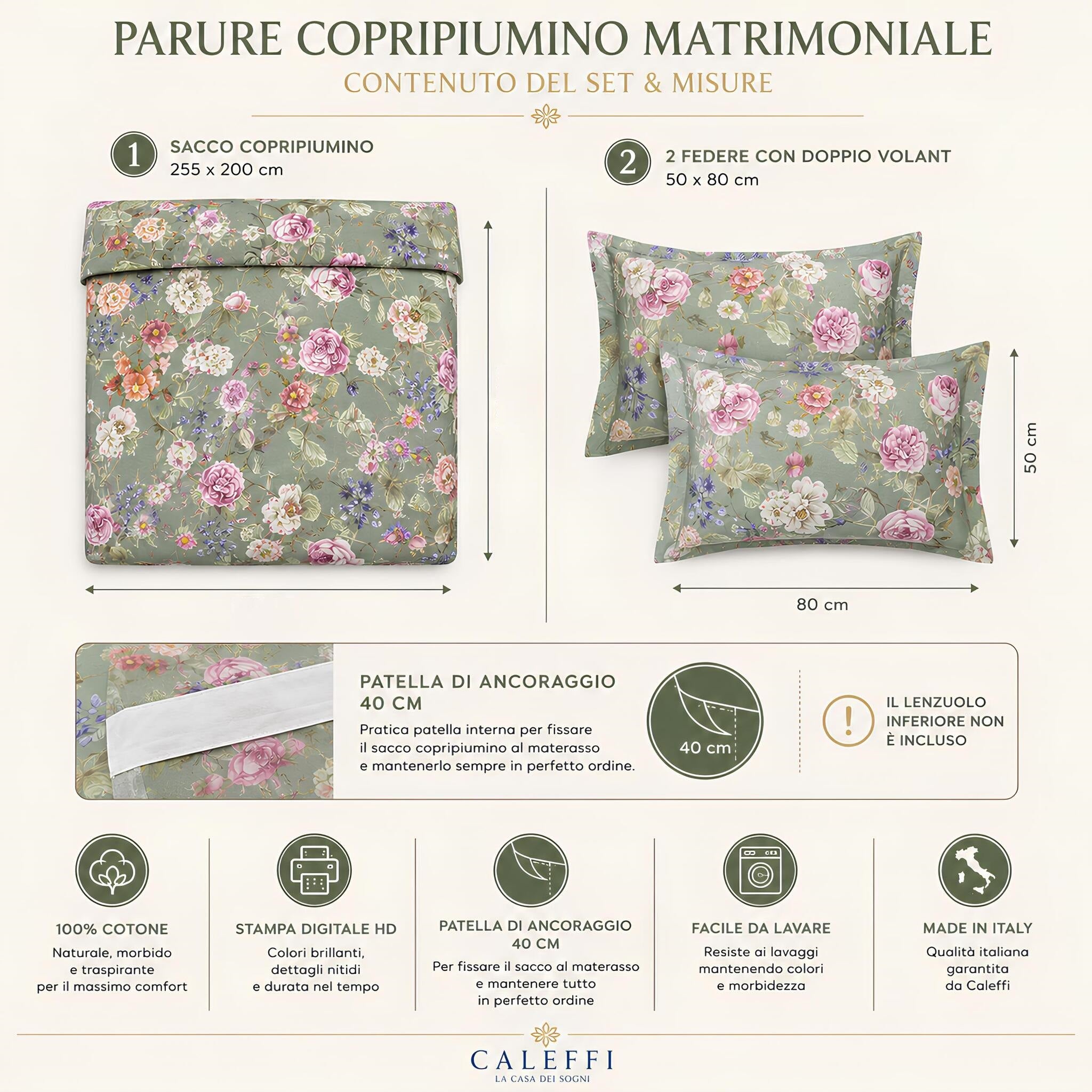 Misure parure copripiumino matrimoniale Caleffi Giardino Romantico con sacco e due federe coordinate giada