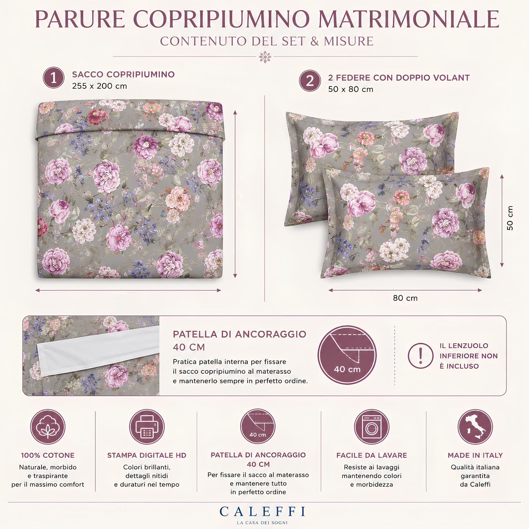 Misure parure copripiumino matrimoniale Caleffi Giardino Romantico con sacco e due federe coordinate tortora