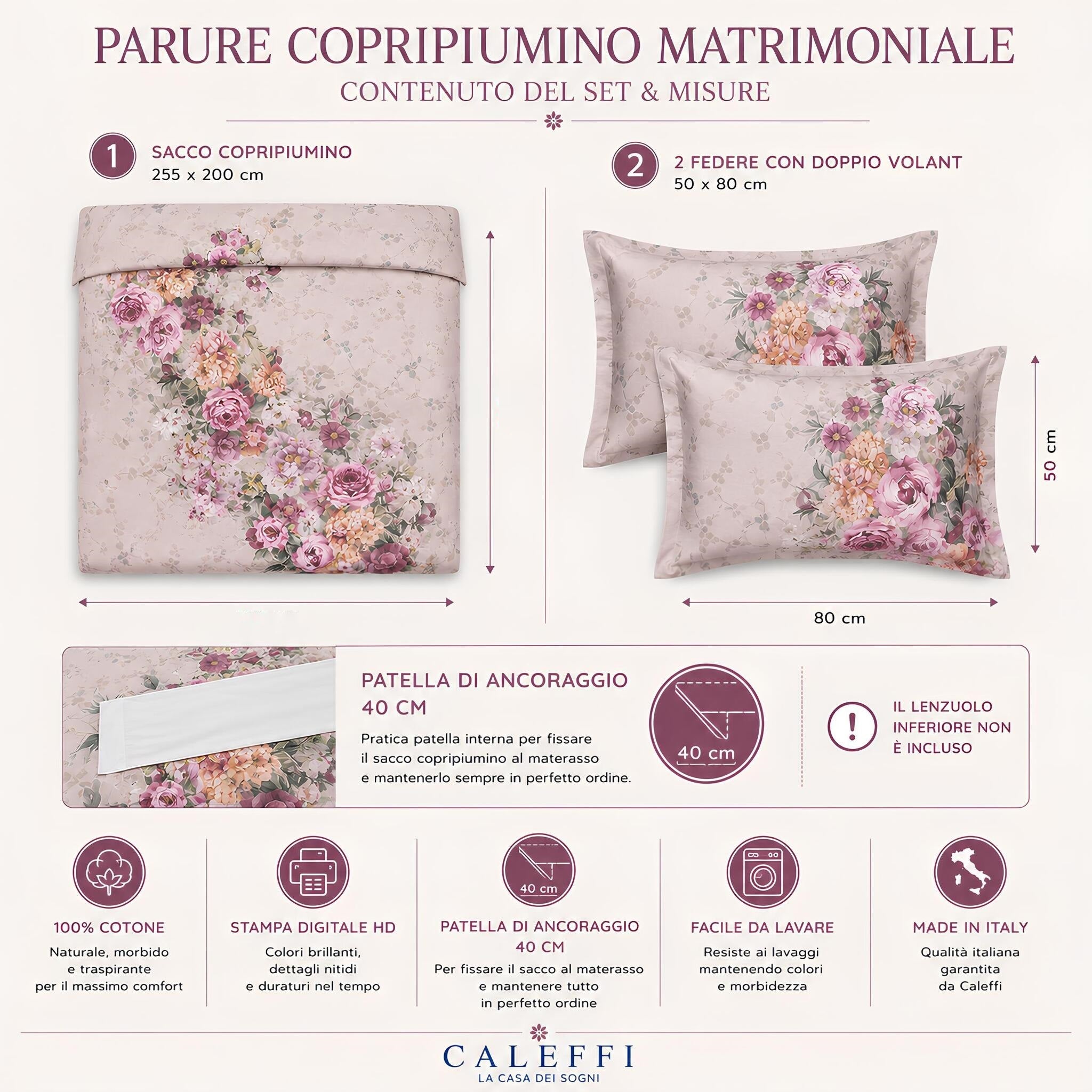 Misure parure copripiumino matrimoniale Caleffi Ikebana con sacco copripiumino e federe coordinate