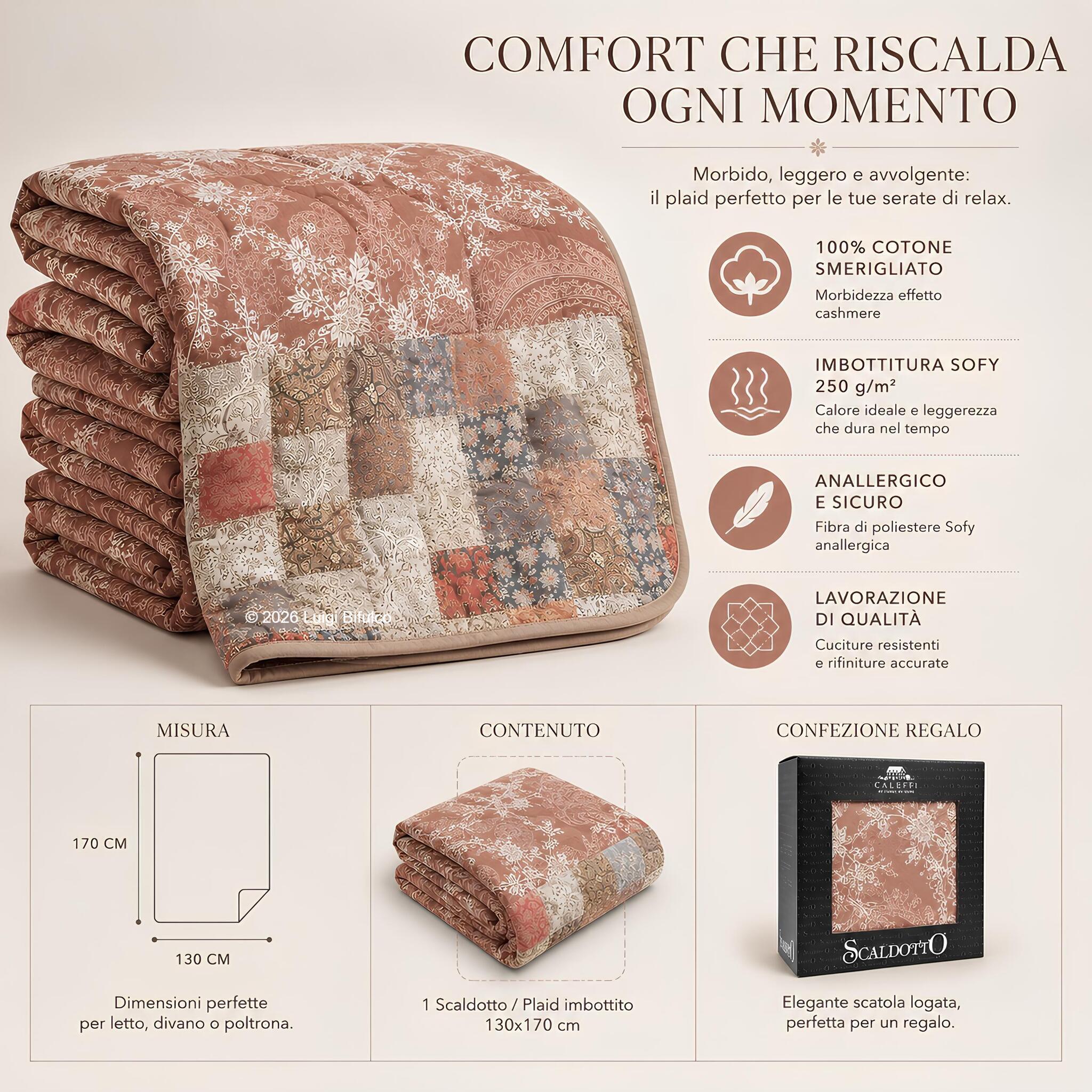 Misure 130x170 cm e confezione regalo dello Scaldotto Caleffi Berry Ambra