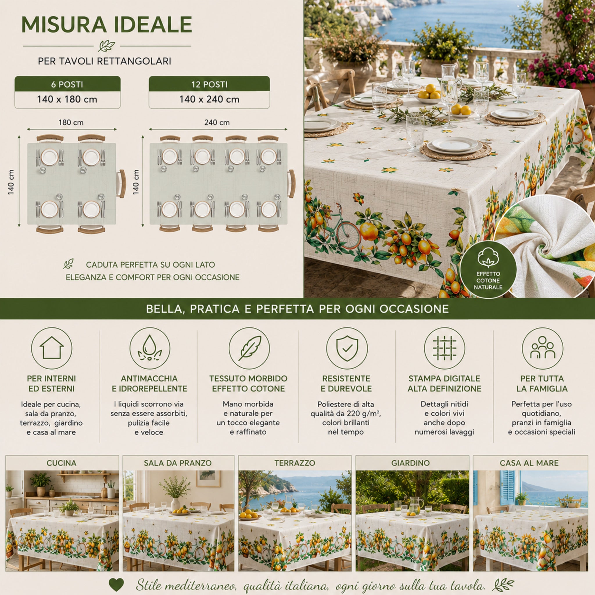 Misure tovaglia antimacchia Zambaiti Limoni 140x180 cm 6 posti e 140x240 cm 12 posti