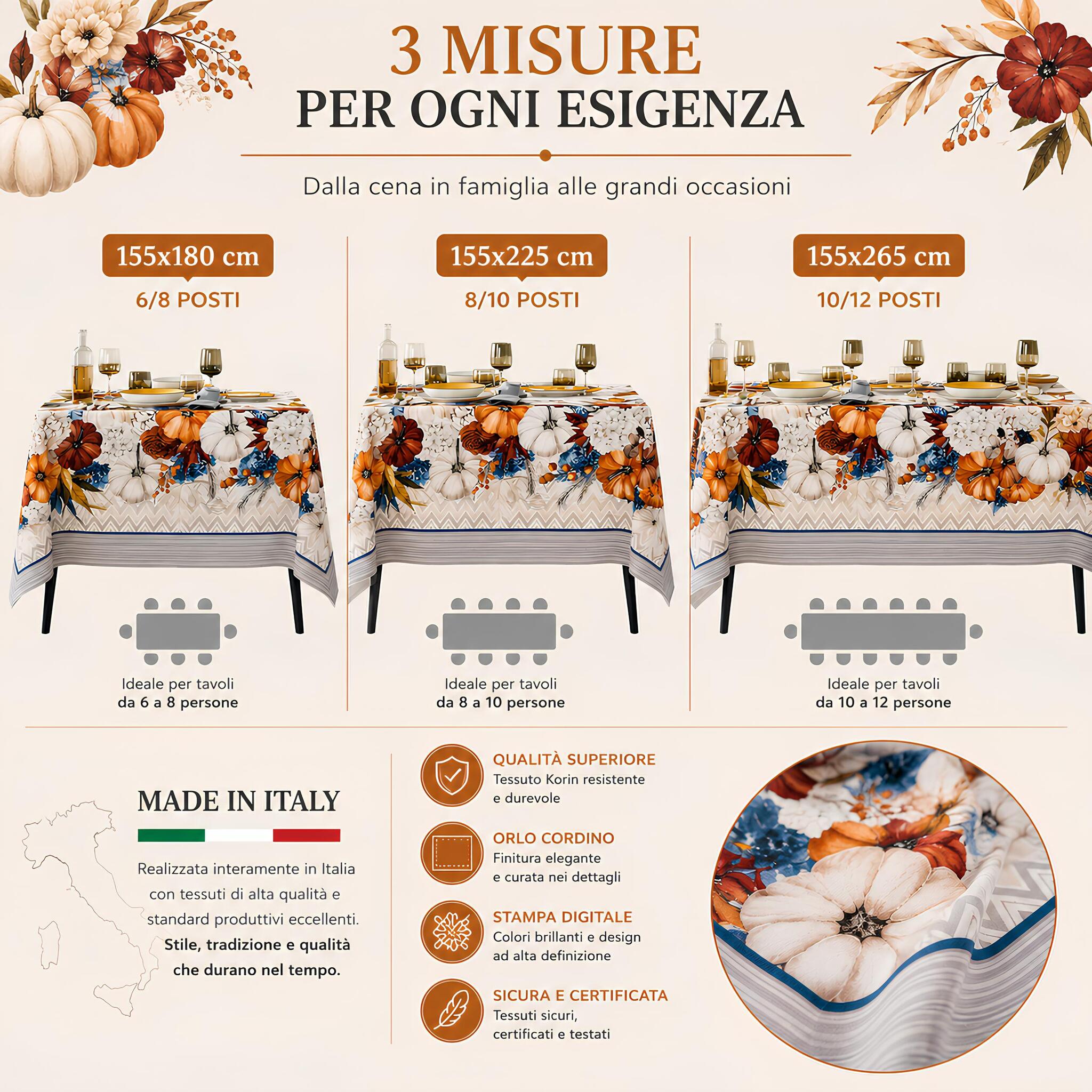 Misure disponibili della tovaglia antimacchia Maison Sucrée Zucche da 6 a 12 posti