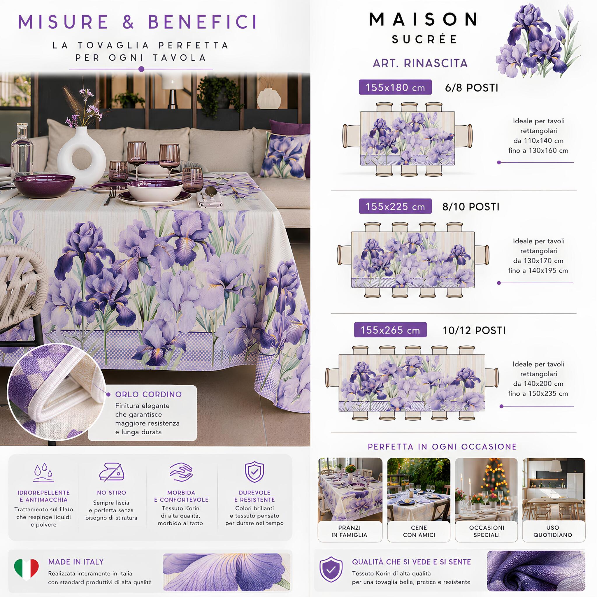 Misure disponibili della tovaglia antimacchia Maison Sucrée Art Rinascita da 6 a 12 posti