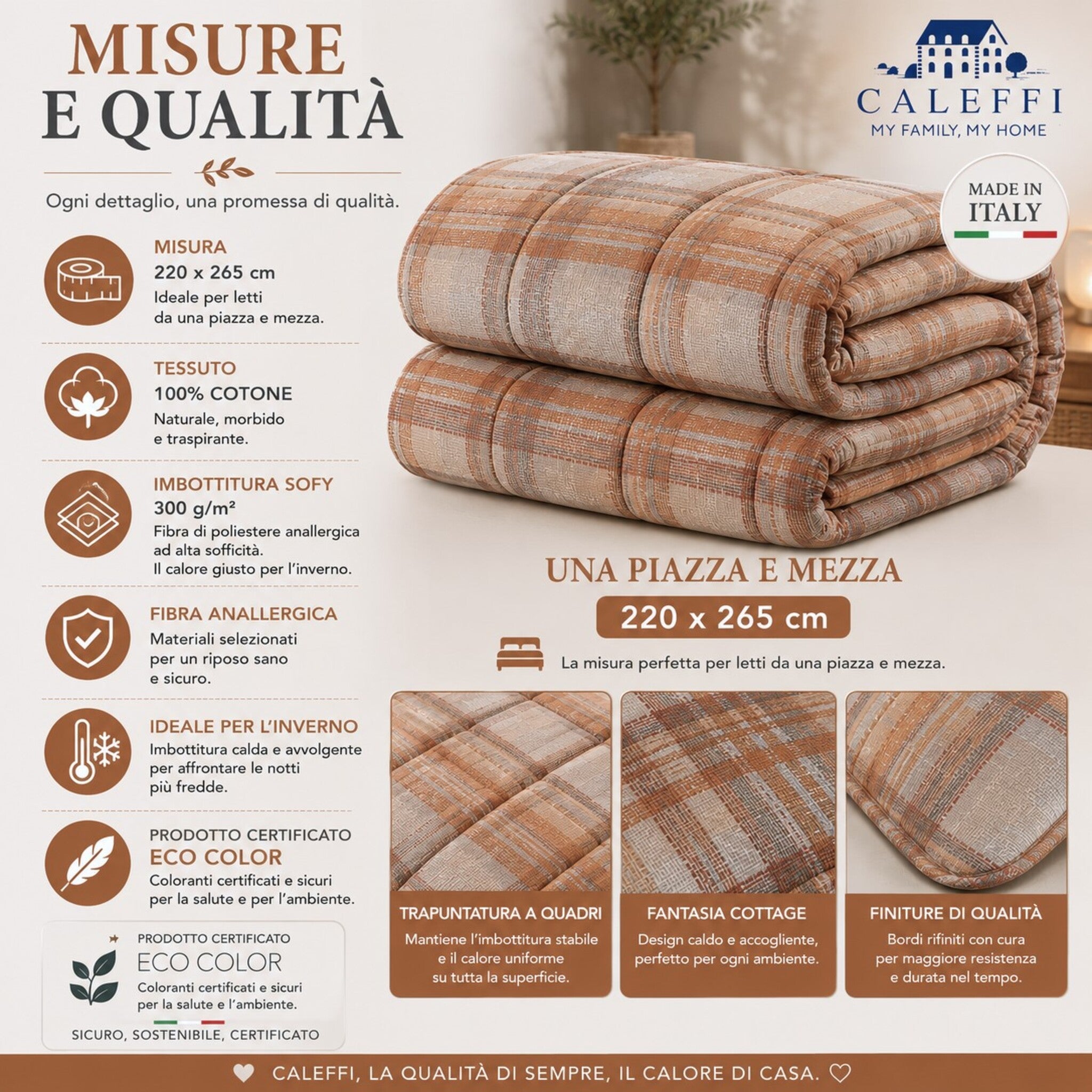 Misure e dettagli della trapunta una piazza e mezza Caleffi Cottage Ambra 220x265 cm