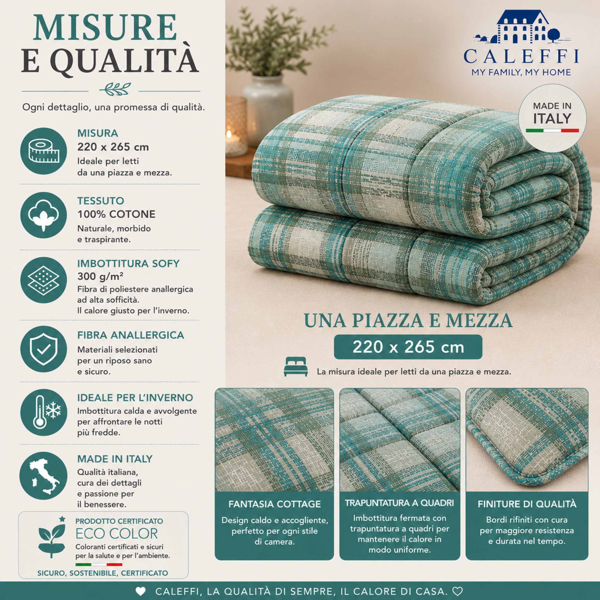 Misure e dettagli della trapunta una piazza e mezza Caleffi Cottage giada 220x265 cm