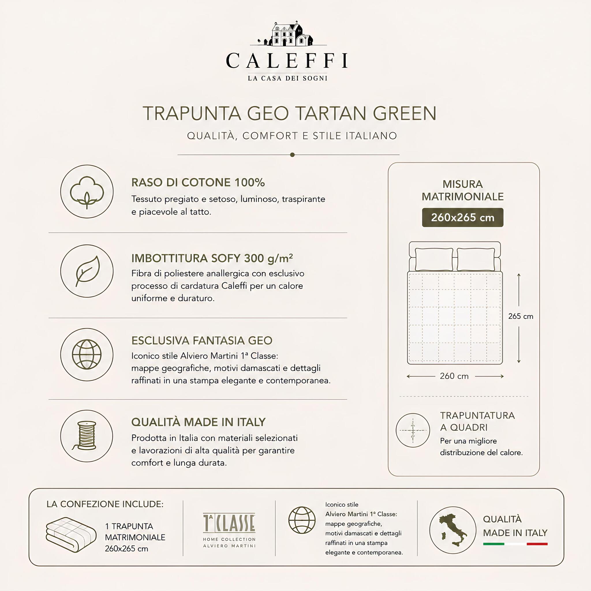 Misure trapunta matrimoniale Caleffi Geo Tartan Green 260x265 cm