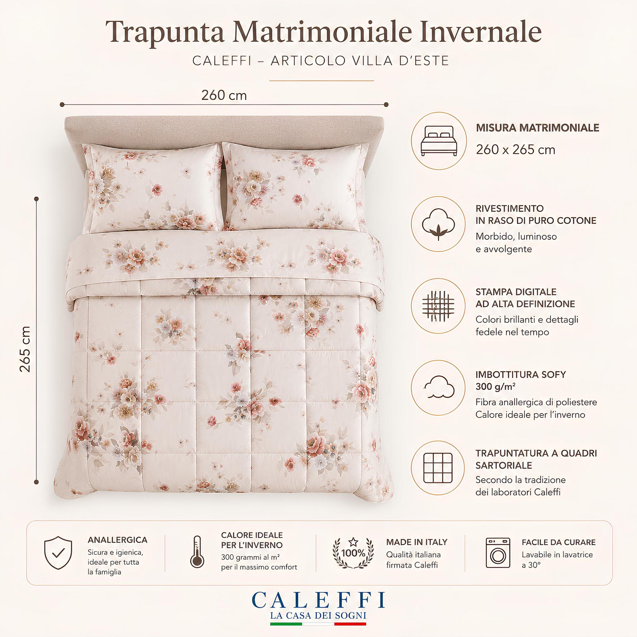 Misure e caratteristiche della trapunta matrimoniale Caleffi Villa D'Este 260x265 cm